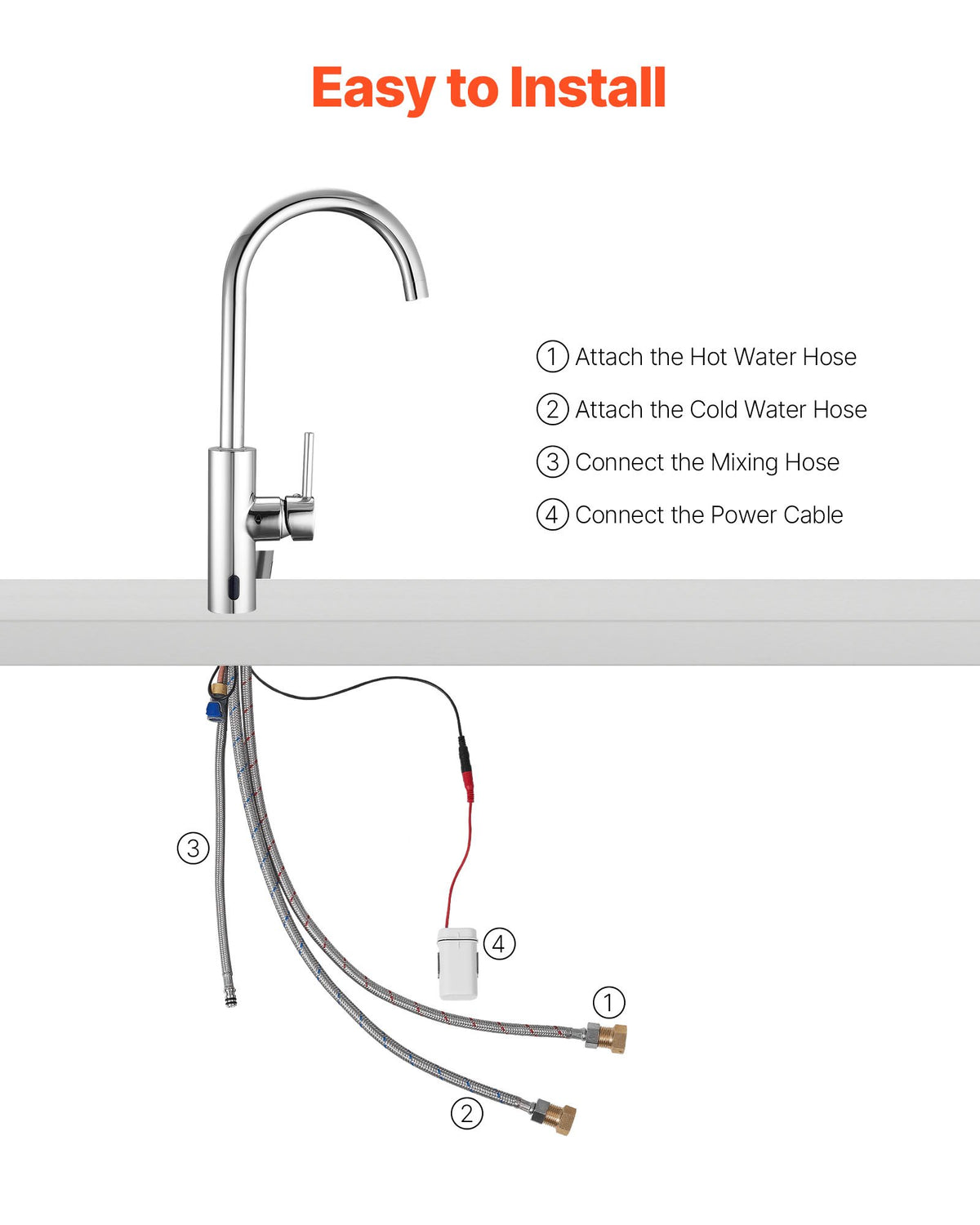 VEVOR Touchless Kitchen Bar Sink Faucet, Single Handle Automatic Motion Sensor Bathroom Faucet, Hands-Free Adjustable Cold Hot Water Mixer Flexible Swivel for 9/16 in Pipe,Chrome Plated Silver - DLTDGSDHZDLRKLXL7001V9 - view 6