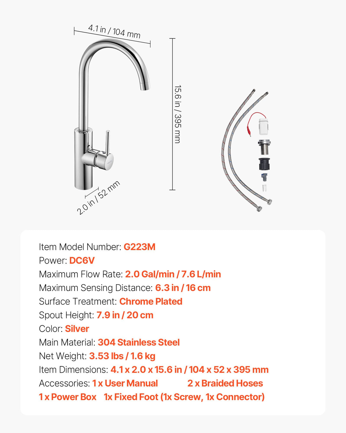 VEVOR Touchless Kitchen Bar Sink Faucet, Single Handle Automatic Motion Sensor Bathroom Faucet, Hands-Free Adjustable Cold Hot Water Mixer Flexible Swivel for 9/16 in Pipe,Chrome Plated Silver - DLTDGSDHZDLRKLXL7001V9 - view 8