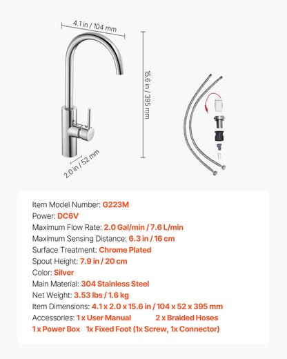 VEVOR Touchless Kitchen Bar Sink Faucet, Single Handle Automatic Motion Sensor Bathroom Faucet, Hands-Free Adjustable Cold Hot Water Mixer Flexible Swivel for 9/16 in Pipe,Chrome Plated Silver - DLTDGSDHZDLRKLXL7001V9 - view 8