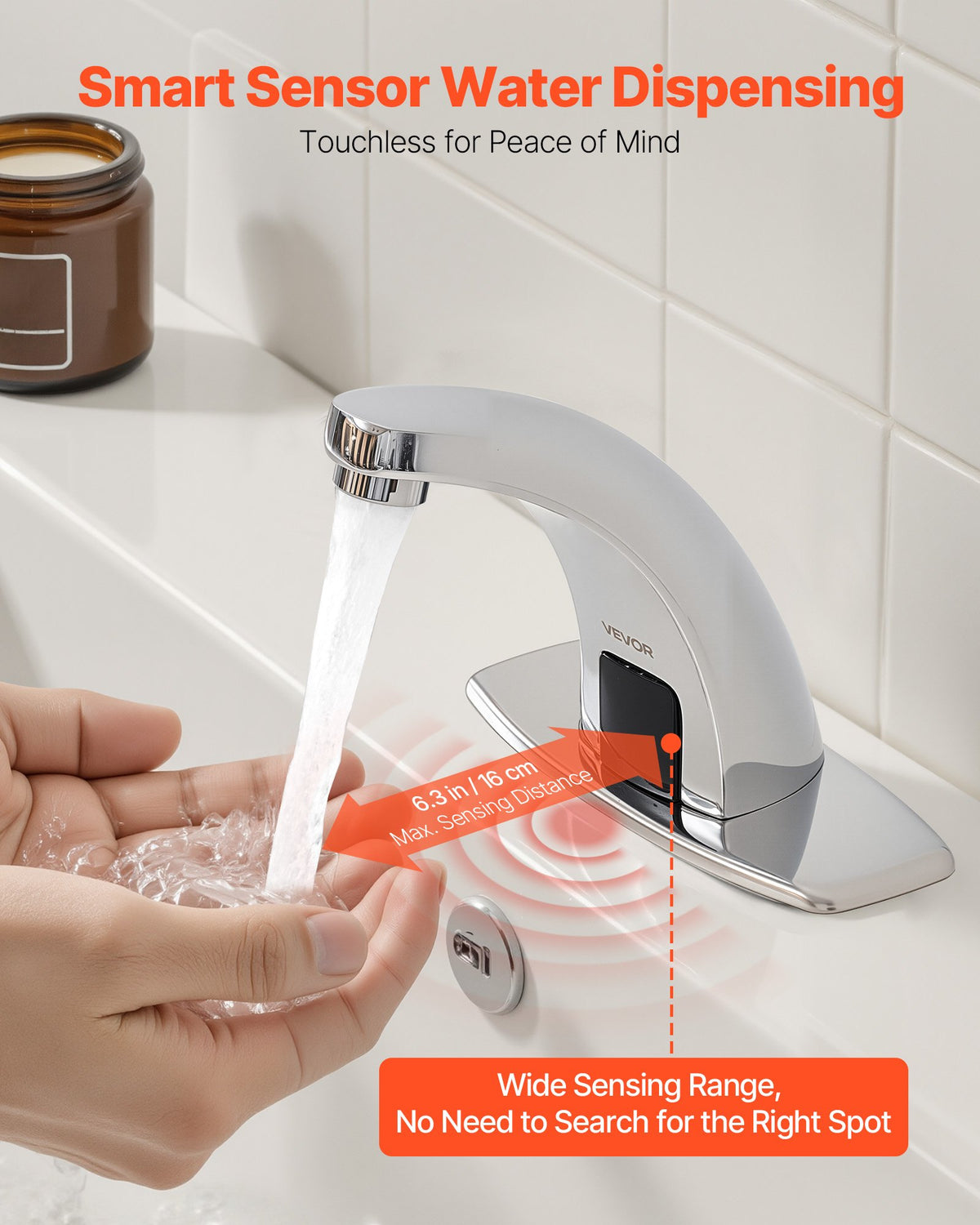 VEVOR Touchless Bathroom Sink Faucet, Automatic Motion Sensor Restroom Toilet Faucet Cold Water with Hole Cover Plate, Battery Operated for 9/16 in Pipe Commercial Lavatory,Chrome Plated Silver,G233M - DLTDLWSBZDHT04H14001V9 - view 3