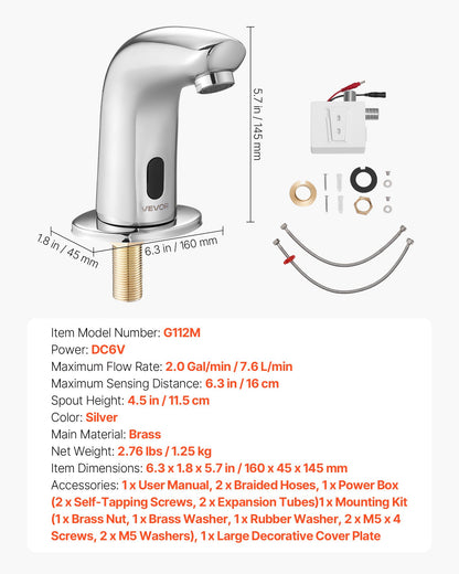 VEVOR Touchless Bathroom Sink Faucet, Automatic Motion Sensor Restroom Toilet Faucet Cold Water with Hole Cover Plate, Battery Operated for 9/16 in Pipe Commercial Lavatory,Chrome Plated Silver G112M - DLTDLWSBZDTE4KZM5001V9 - view 8