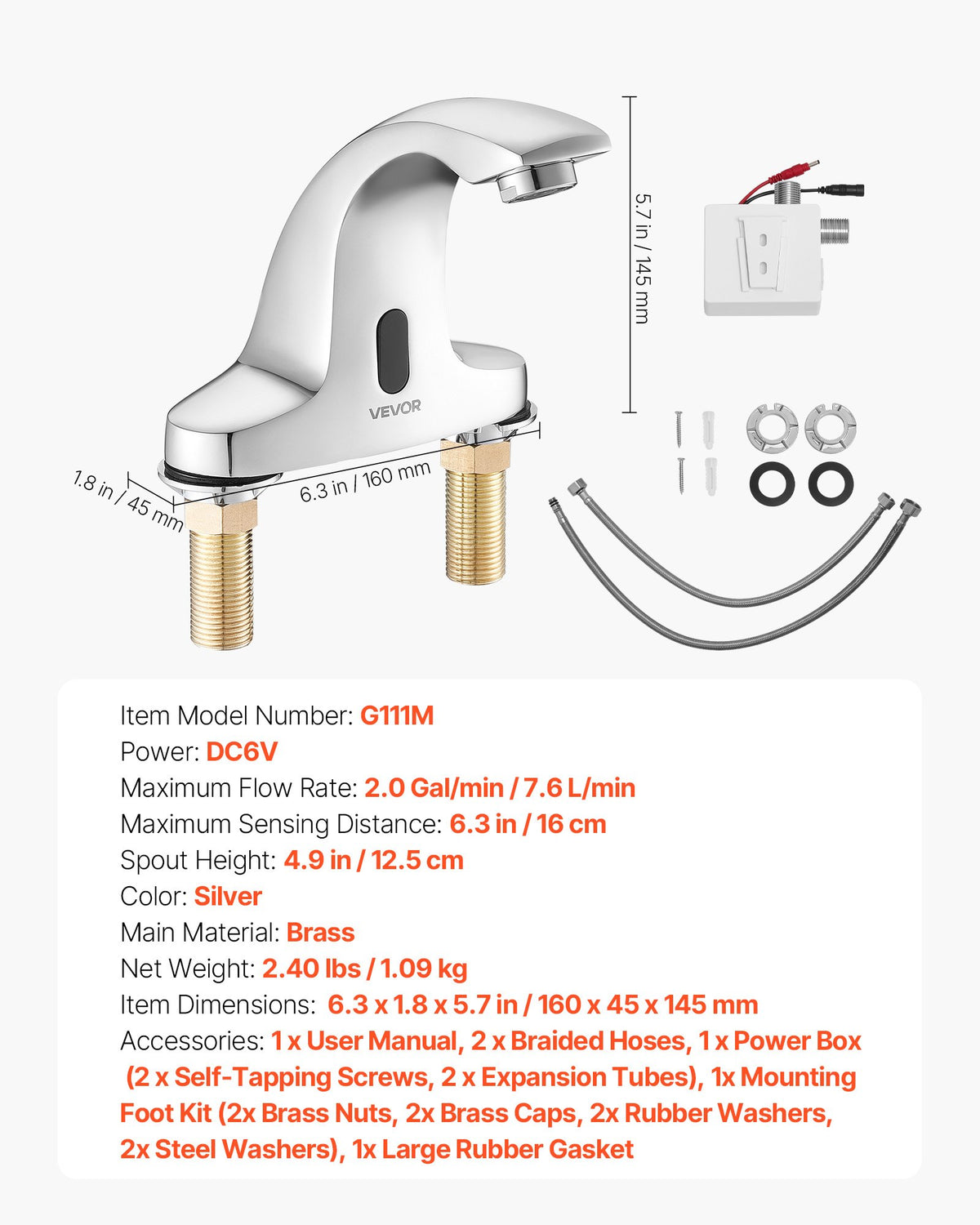 VEVOR Touchless Bathroom Sink Faucet, Automatic Motion Sensor Restroom Toilet Faucet Cold Water with Hole Cover Plate, Battery Operated for 9/16 in Pipe Commercial Lavatory,Chrome Plated Silver - DLTDLWSBZDYJQ5PIT001V9 - view 8