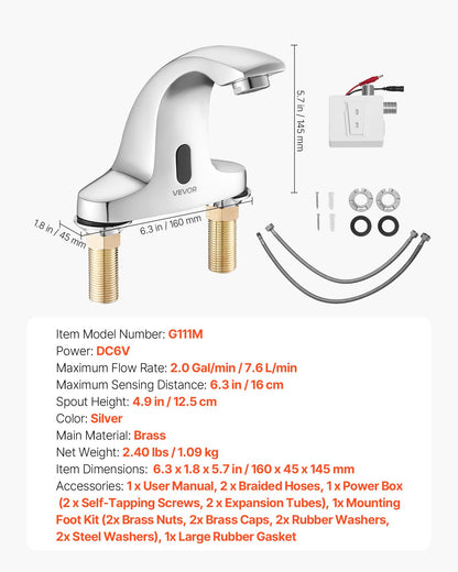 VEVOR Touchless Bathroom Sink Faucet, Automatic Motion Sensor Restroom Toilet Faucet Cold Water with Hole Cover Plate, Battery Operated for 9/16 in Pipe Commercial Lavatory,Chrome Plated Silver - DLTDLWSBZDYJQ5PIT001V9 - view 8