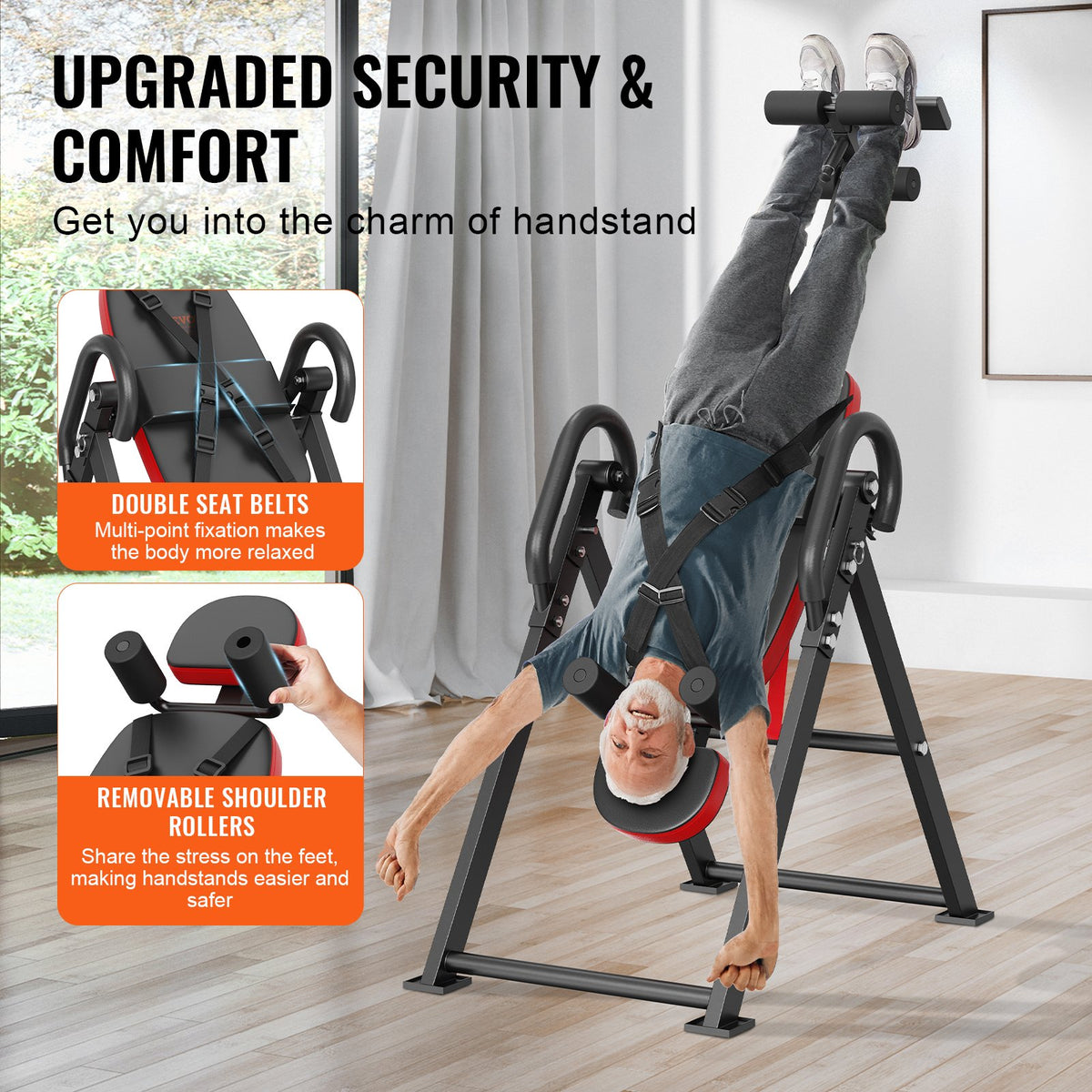 VEVOR Inversion Table, 300 lbs Capacity Heavy Duty Inversion Table, Decompression Back Stretcher Machine, Strength Training Equipment with Headrest, Ankle Lock, Adjustable Protective Belt, Red/Black - DLTHBSPPTKBPIRM1VV0 - view 4