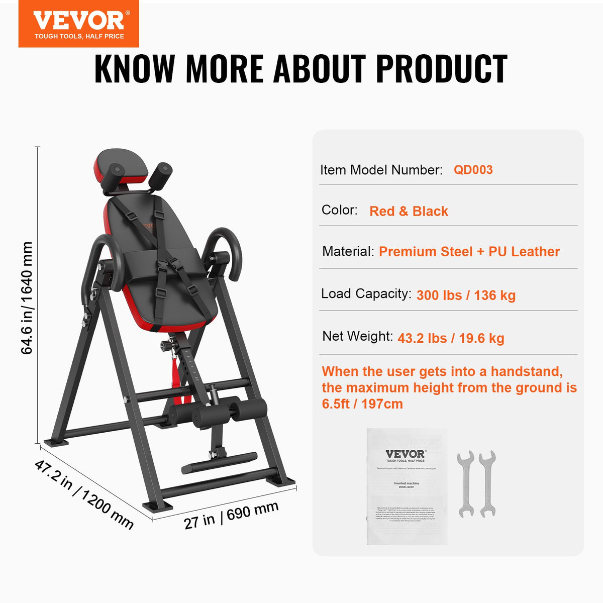 VEVOR Inversion Table, 300 lbs Capacity Heavy Duty Inversion Table, Decompression Back Stretcher Machine, Strength Training Equipment with Headrest, Ankle Lock, Adjustable Protective Belt, Red/Black - DLTHBSPPTKBPIRM1VV0 - view 8