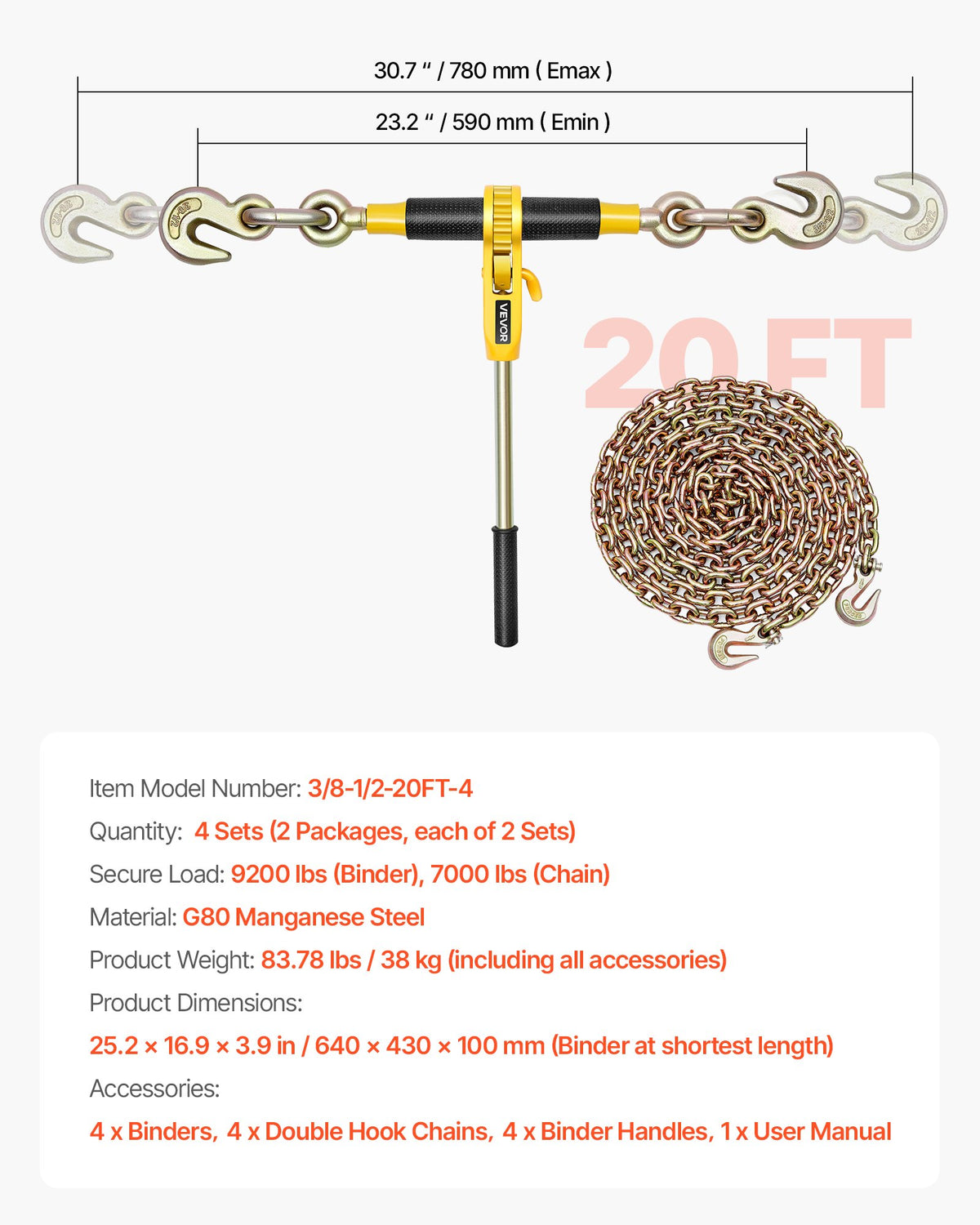 VEVOR Ratchet Chain Binder, 3/8 in x 20 ft G80 Chains, 9200 lbs Working Load of Ratchet Load Binder, Chains and Binders Set, Tie Down Hauling Chain Binders for Hauling, Towing, Logging, Lifting - DLTJLLJQ4PCSLEUKA001V0 - view 8