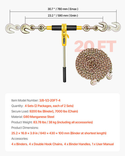 VEVOR Ratchet Chain Binder, 3/8 in x 20 ft G80 Chains, 9200 lbs Working Load of Ratchet Load Binder, Chains and Binders Set, Tie Down Hauling Chain Binders for Hauling, Towing, Logging, Lifting - DLTJLLJQ4PCSLEUKA001V0 - view 8