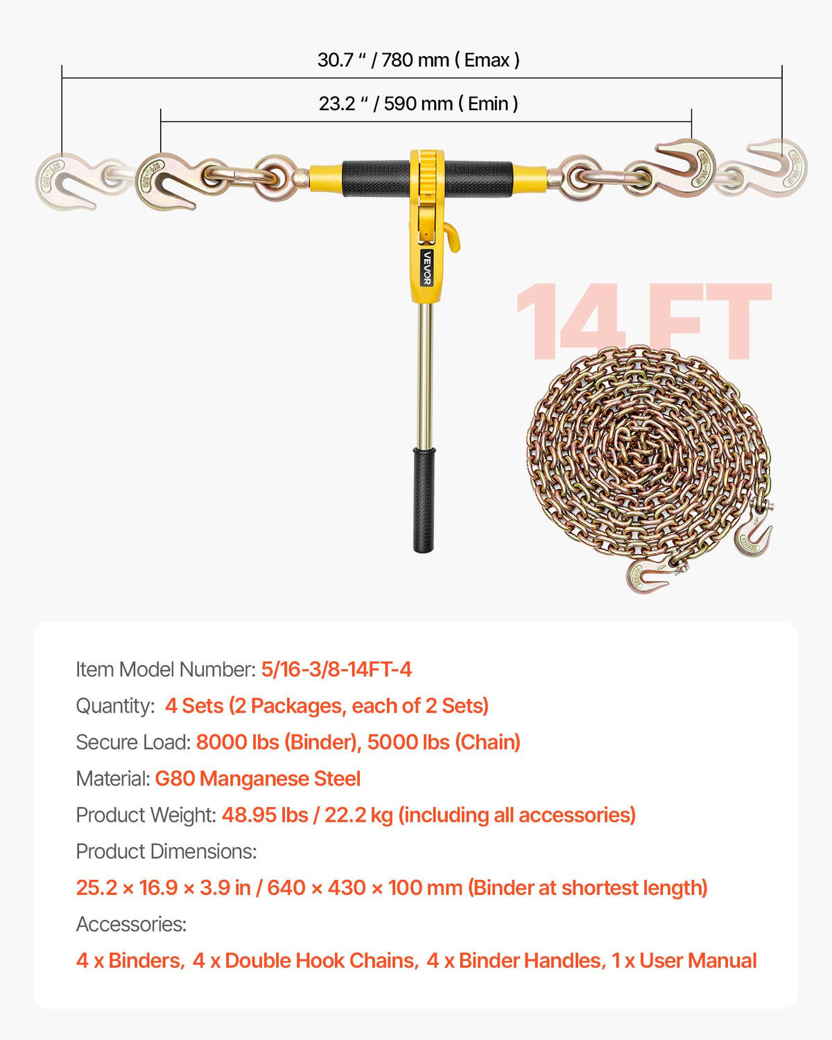 VEVOR Ratchet Chain Binder, 5/16 in x 14 ft G80 Chains, 8000 lbs Working Load of Ratchet Load Binder, Chains and Binders Set, Tie Down Hauling Chain Binders for Hauling, Towing, Logging (4 Sets) - DLTJLLJQ4T15QFJ4R001V0 - view 8