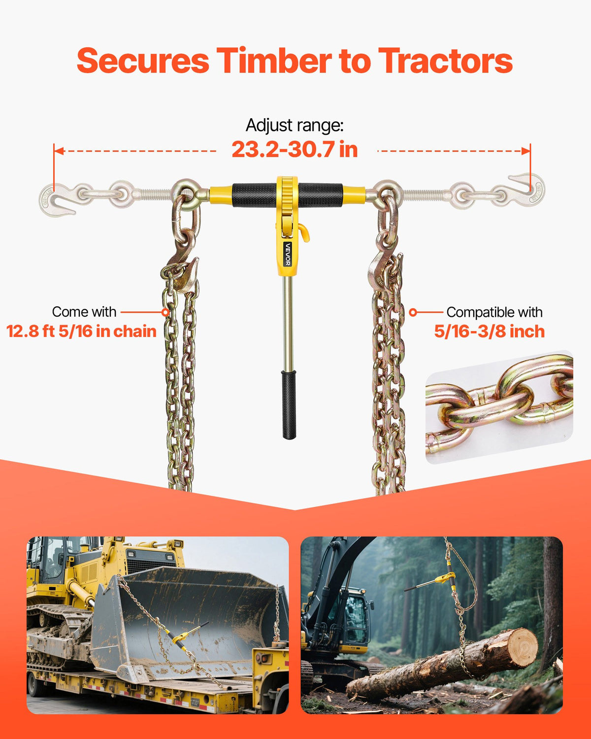 VEVOR Ratchet Chain Binder, 5/16 in x 12.8 ft G80 Chains, 8000 lbs Working Load of Ratchet Load Binder, Chains and Binders Set, Tie Down Hauling Chain Binders for Hauling, Towing, Logging (4 Sets) - DLTJLLJQ4T15QFJ4R002V0 - view 4