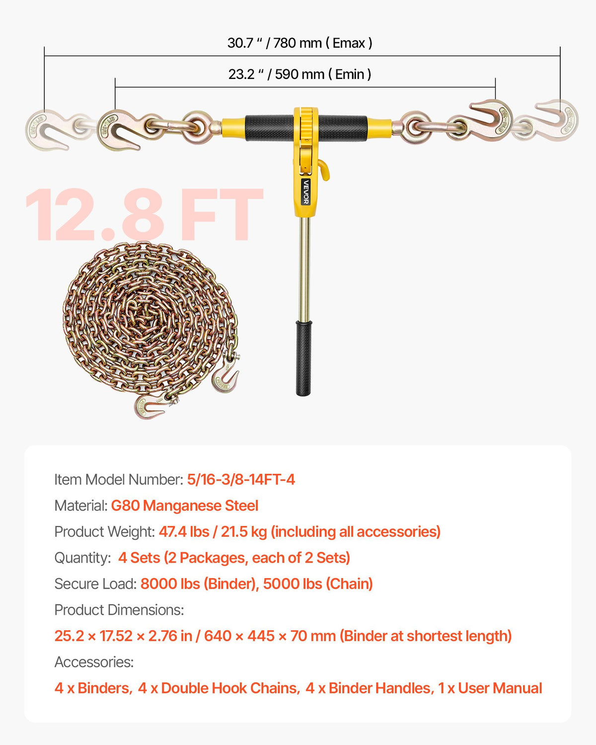 VEVOR Ratchet Chain Binder, 5/16 in x 12.8 ft G80 Chains, 8000 lbs Working Load of Ratchet Load Binder, Chains and Binders Set, Tie Down Hauling Chain Binders for Hauling, Towing, Logging (4 Sets) - DLTJLLJQ4T15QFJ4R002V0 - view 8