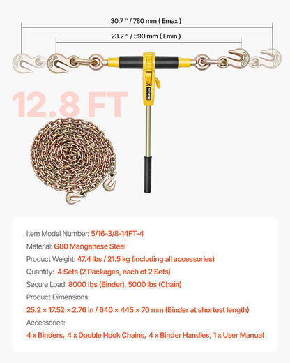 VEVOR Ratchet Chain Binder, 5/16 in x 12.8 ft G80 Chains, 8000 lbs Working Load of Ratchet Load Binder, Chains and Binders Set, Tie Down Hauling Chain Binders for Hauling, Towing, Logging (4 Sets) - DLTJLLJQ4T15QFJ4R002V0 - view 8