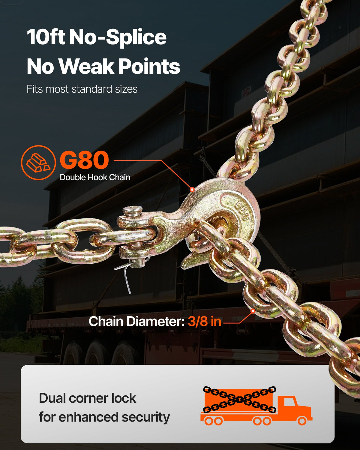 VEVOR Ratchet Chain Binder, 3/8 in x 10 ft G80 Chains, 9200 lbs Working Load of Ratchet Load Binder, Chains and Binders Set, Tie Down Hauling Chain Binders for Hauling, Towing, Logging, Lifting - DLTJLLJQ8JT19ZN6N001V0 - view 4
