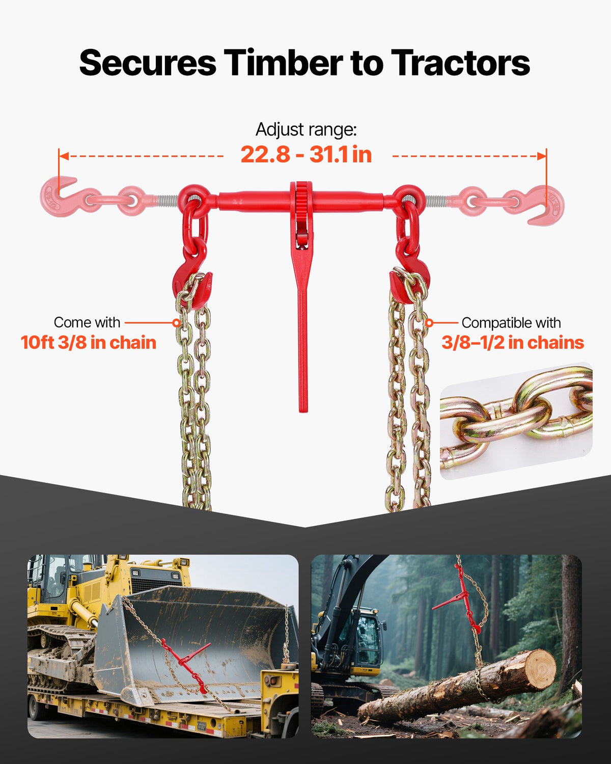 VEVOR Ratchet Chain Binder, 3/8 in x 10 ft G80 Chains, 9200 lbs Working Load of Ratchet Load Binder, Chains and Binders Set, Tie Down Hauling Chain Binders for Hauling, Towing, Logging, Lifting - DLTJLLJQ8JT19ZN6N001V0 - view 5