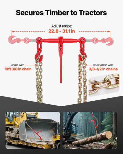 VEVOR Ratchet Chain Binder, 3/8 in x 10 ft G80 Chains, 9200 lbs Working Load of Ratchet Load Binder, Chains and Binders Set, Tie Down Hauling Chain Binders for Hauling, Towing, Logging, Lifting - DLTJLLJQ8JT19ZN6N001V0 - view 5
