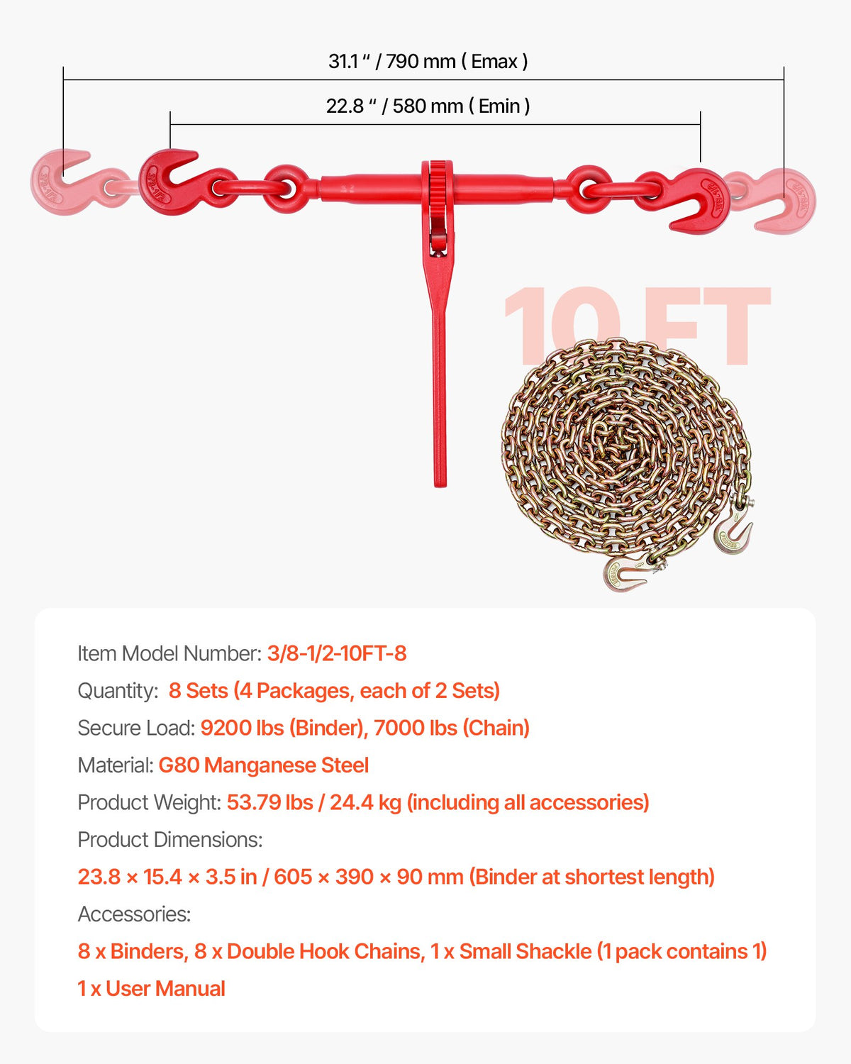 VEVOR Ratchet Chain Binder, 3/8 in x 10 ft G80 Chains, 9200 lbs Working Load of Ratchet Load Binder, Chains and Binders Set, Tie Down Hauling Chain Binders for Hauling, Towing, Logging, Lifting - DLTJLLJQ8JT19ZN6N001V0 - view 8