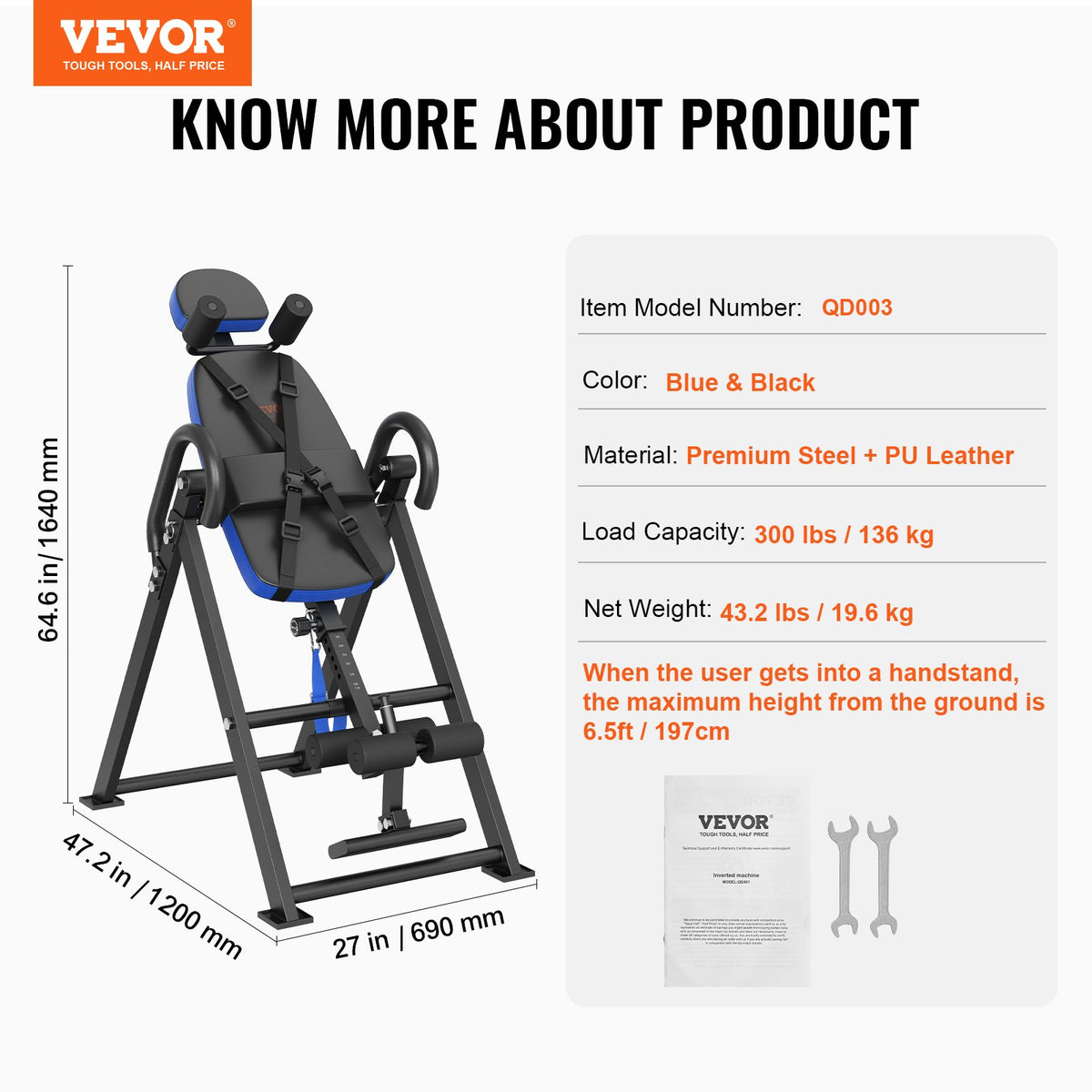 VEVOR Inversion Table, 300 lbs Capacity Heavy Duty Inversion Table, Decompression Back Stretcher Machine, Strength Training Equipment with Headrest, Ankle Lock, Adjustable Protective Belt, Blue/Black - DLTLHSPPTKBPR0IUTV0 - view 8