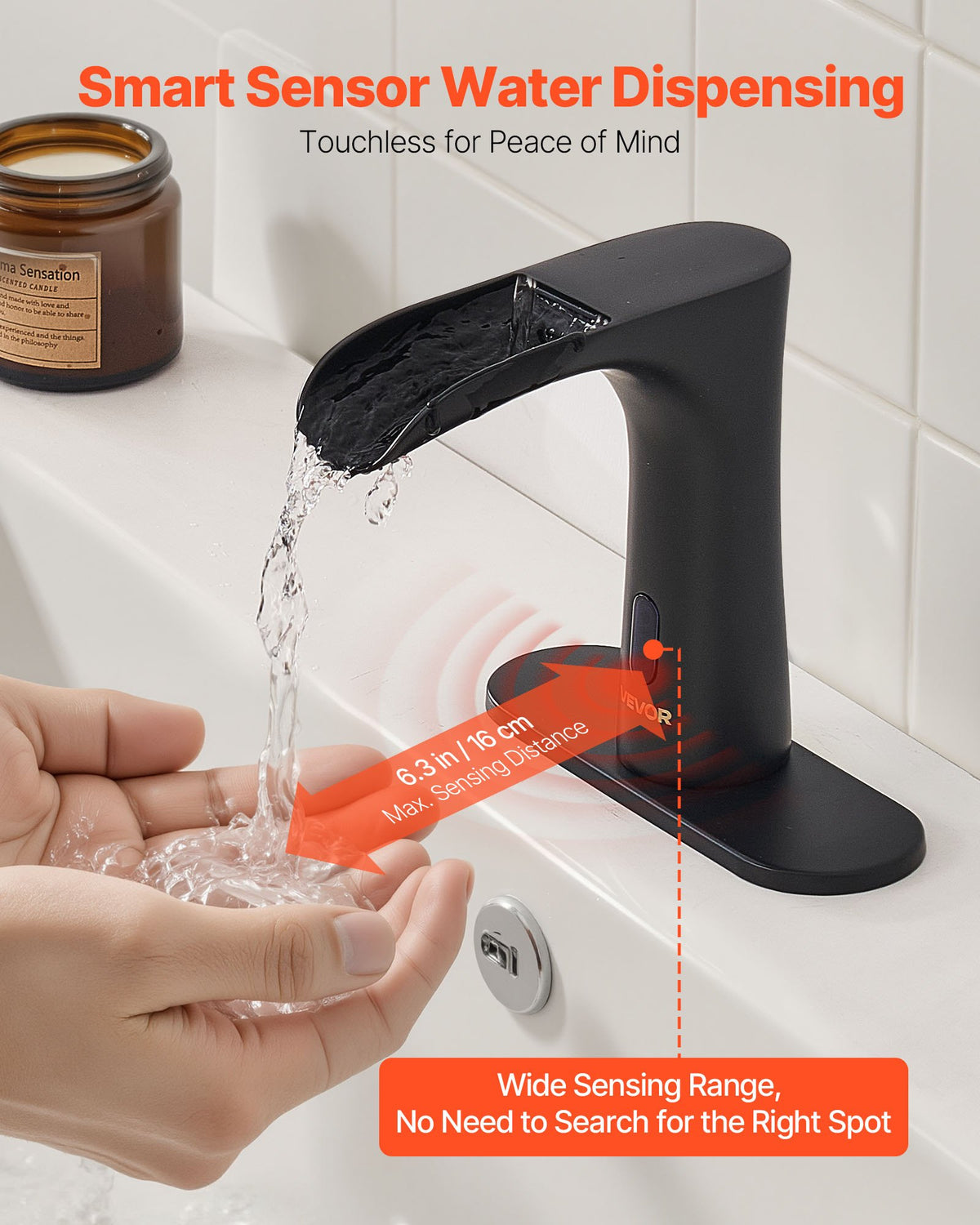 VEVOR Touchless Bathroom Sink Faucet, Automatic Motion Sensor Waterfall Restroom Toilet Faucet with Hole Cover Plate, Modern Electronic Sensor Hot/Cold Water for 9/16 in Pipe Commercial,Matte Black - DLTLRWSBZDBBTK5OM001V9 - view 3