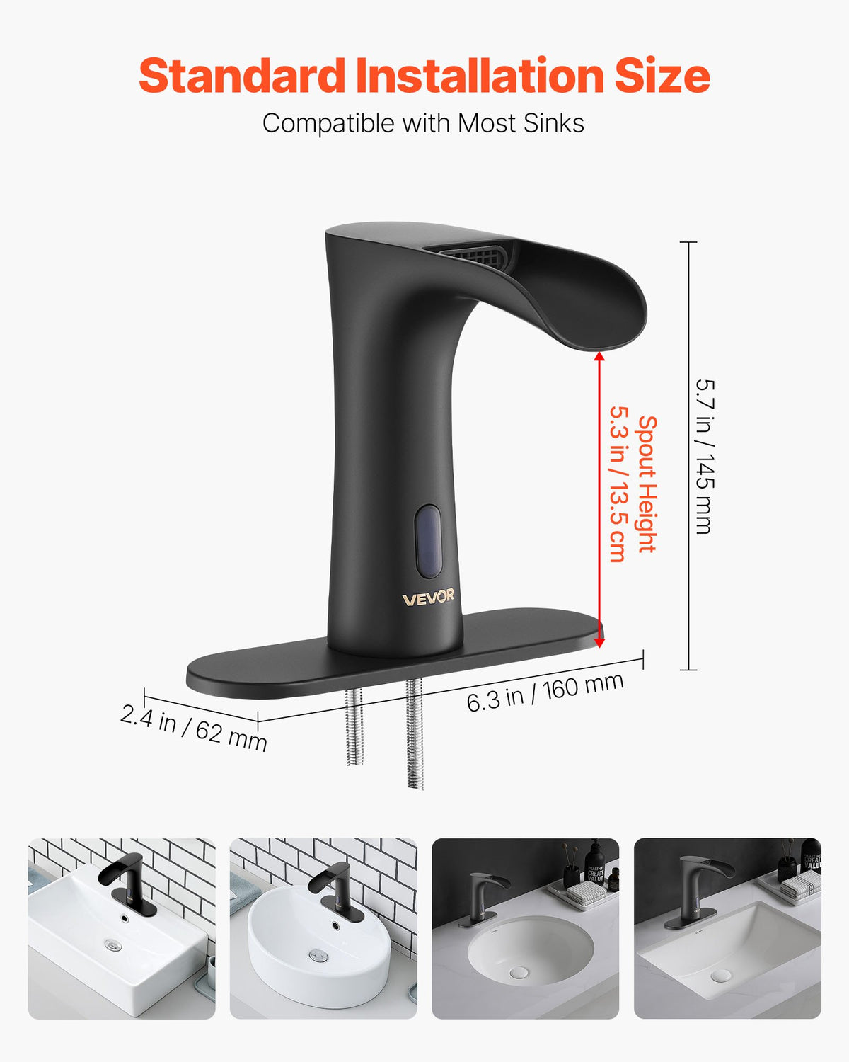VEVOR Touchless Bathroom Sink Faucet, Automatic Motion Sensor Waterfall Restroom Toilet Faucet with Hole Cover Plate, Modern Electronic Sensor Hot/Cold Water for 9/16 in Pipe Commercial,Matte Black - DLTLRWSBZDBBTK5OM001V9 - view 4