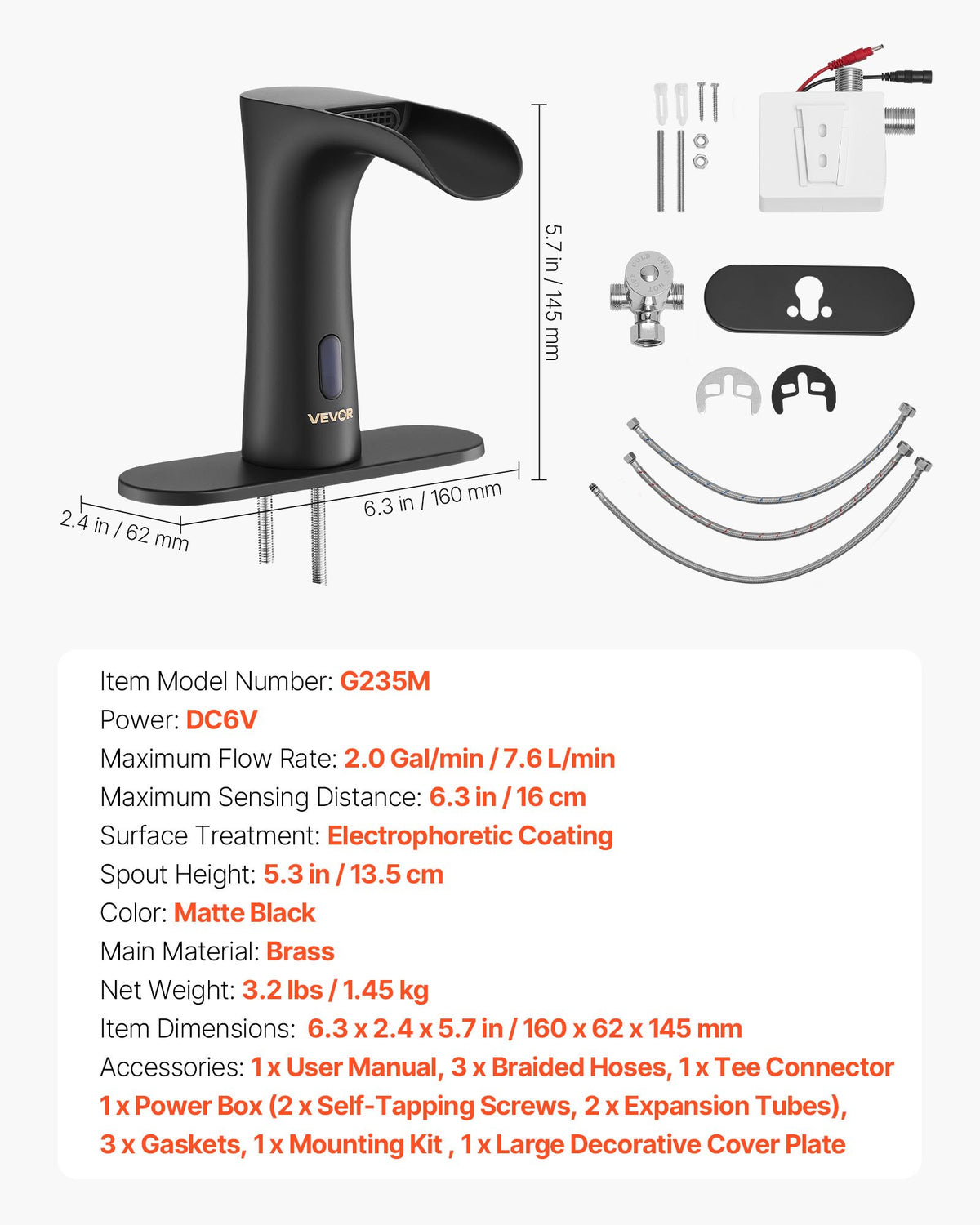 VEVOR Touchless Bathroom Sink Faucet, Automatic Motion Sensor Waterfall Restroom Toilet Faucet with Hole Cover Plate, Modern Electronic Sensor Hot/Cold Water for 9/16 in Pipe Commercial,Matte Black - DLTLRWSBZDBBTK5OM001V9 - view 8