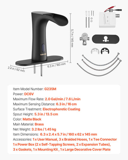 VEVOR Touchless Bathroom Sink Faucet, Automatic Motion Sensor Waterfall Restroom Toilet Faucet with Hole Cover Plate, Modern Electronic Sensor Hot/Cold Water for 9/16 in Pipe Commercial,Matte Black - DLTLRWSBZDBBTK5OM001V9 - view 8