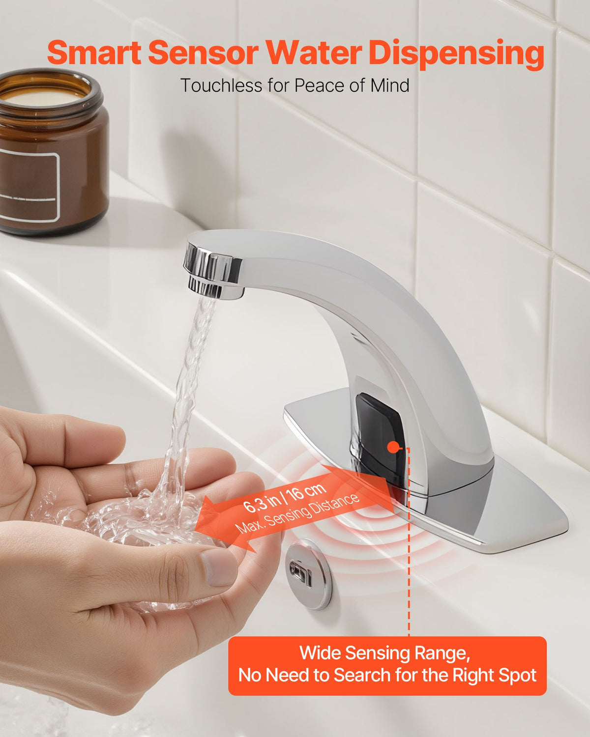 VEVOR Touchless Bathroom Sink Faucet, Automatic Motion Sensor Restroom Toilet Faucet with Hole Cover Plate, Battery Operated,Hot/Cold Water for 9/16 in Pipe Commercial Lavatory,Chrome Plated Silver - DLTLRWSBZDHTH061C001V9 - view 3