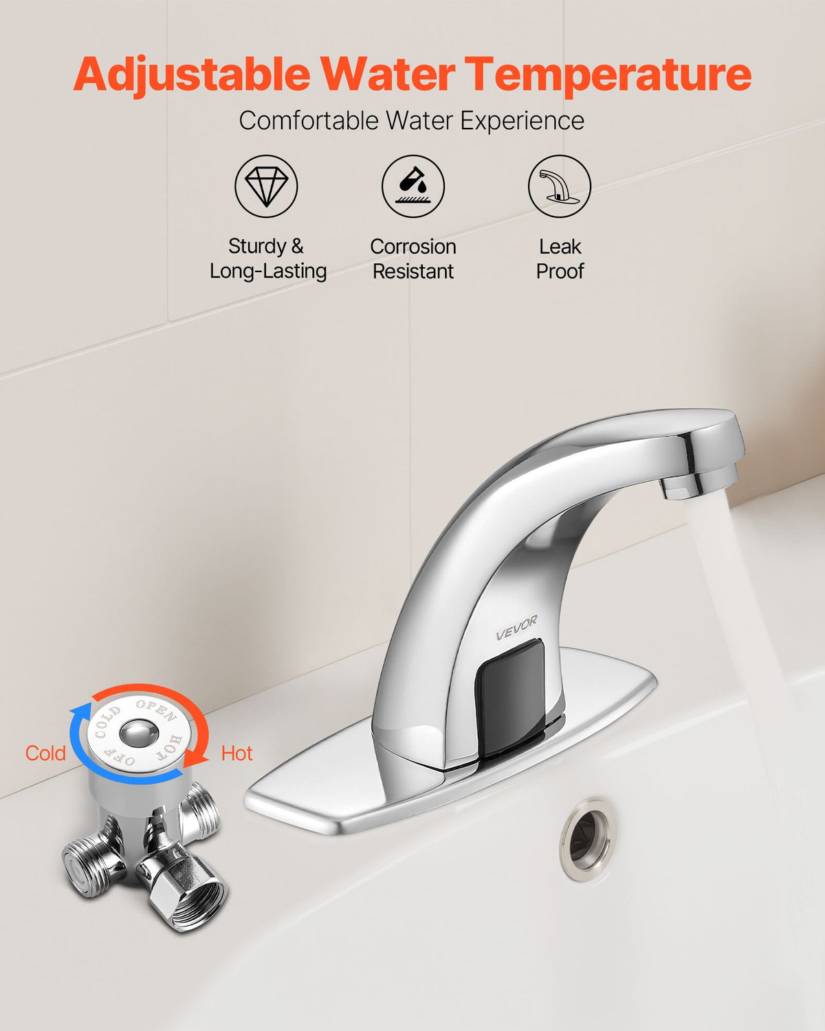 VEVOR Touchless Bathroom Sink Faucet, Automatic Motion Sensor Restroom Toilet Faucet with Hole Cover Plate, Battery Operated,Hot/Cold Water for 9/16 in Pipe Commercial Lavatory,Chrome Plated Silver - DLTLRWSBZDHTH061C001V9 - view 5
