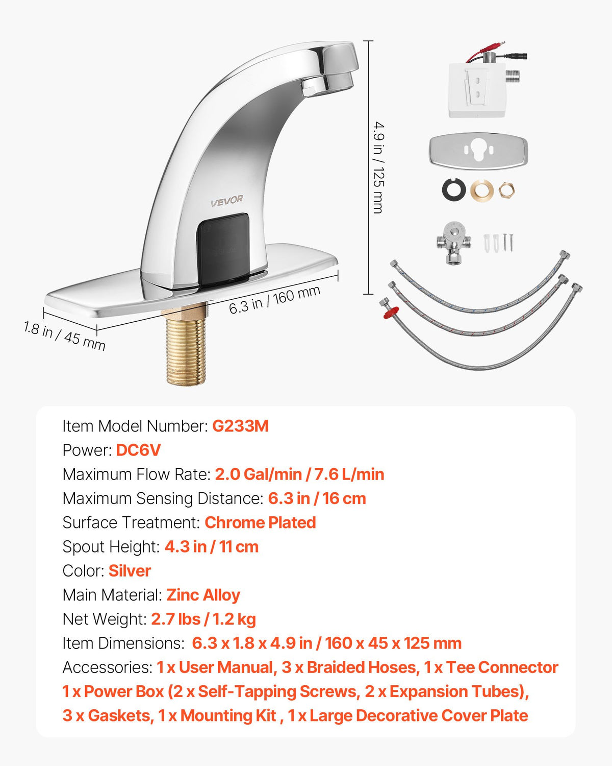 VEVOR Touchless Bathroom Sink Faucet, Automatic Motion Sensor Restroom Toilet Faucet with Hole Cover Plate, Battery Operated,Hot/Cold Water for 9/16 in Pipe Commercial Lavatory,Chrome Plated Silver - DLTLRWSBZDHTH061C001V9 - view 8