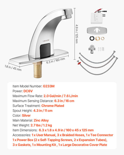 VEVOR Touchless Bathroom Sink Faucet, Automatic Motion Sensor Restroom Toilet Faucet with Hole Cover Plate, Battery Operated,Hot/Cold Water for 9/16 in Pipe Commercial Lavatory,Chrome Plated Silver - DLTLRWSBZDHTH061C001V9 - view 8