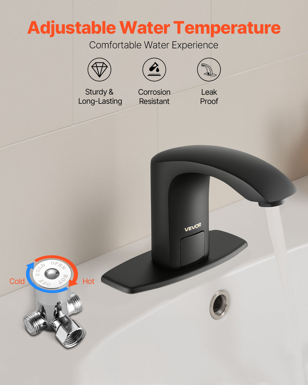 VEVOR Touchless Bathroom Sink Faucet, Automatic Motion Sensor Restroom Toilet Faucet with Hole Cover Plate, Battery Operated,Adjustable Temperature for 9/16 in Pipe Commercial Lavatory,Matte Black - DLTLRWSBZDHXEXA3G001V9 - view 5