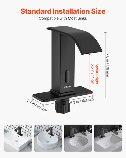 VEVOR Touchless Bathroom Sink Faucet, Automatic Motion Sensor Waterfall Restroom Toilet Faucet with Hole Cover Plate, Battery Operated,Hot/Cold Water for 9/16 in Pipe Commercial Lavatory,Matte Black - DLTLRWSBZDPBHU70X001V9 - view 4