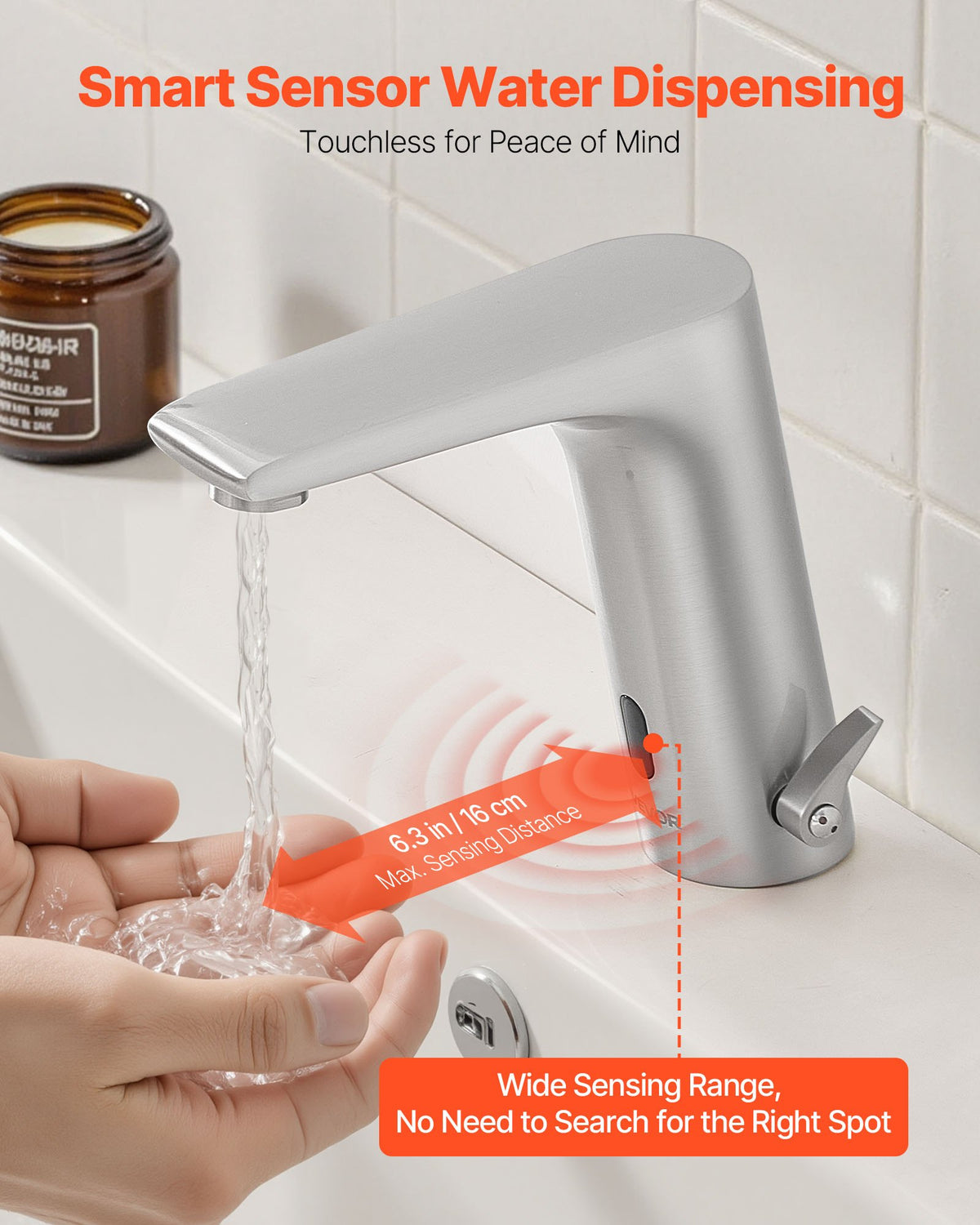 VEVOR Touchless Bathroom Sink Faucet, Automatic Motion Sensor Restroom Toilet Faucet, HandsFree Adjustable Cold Hot Single Handle Water Mixer Battery Operated for 9/16 in Pipe,Brushed Nickel Silver - DLTLRXSBZDFTHQD5Y001V9 - view 3