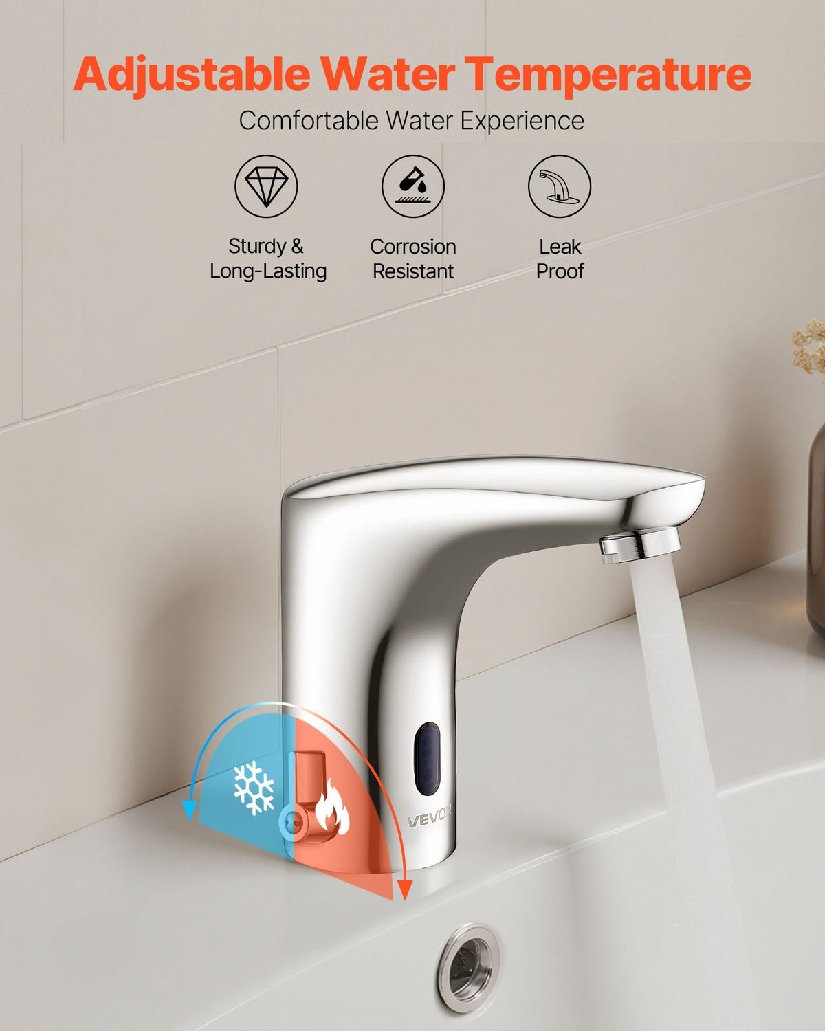 VEVOR Touchless Bathroom Sink Faucet, Automatic Motion Sensor Restroom Toilet Faucet, HandsFree Adjustable Cold Hot Single Handle Water Mixer Battery Operated for 9/16 in Pipe,Chrome Plated Silver - DLTLRXSBZDYTKPRAP001V9 - view 5