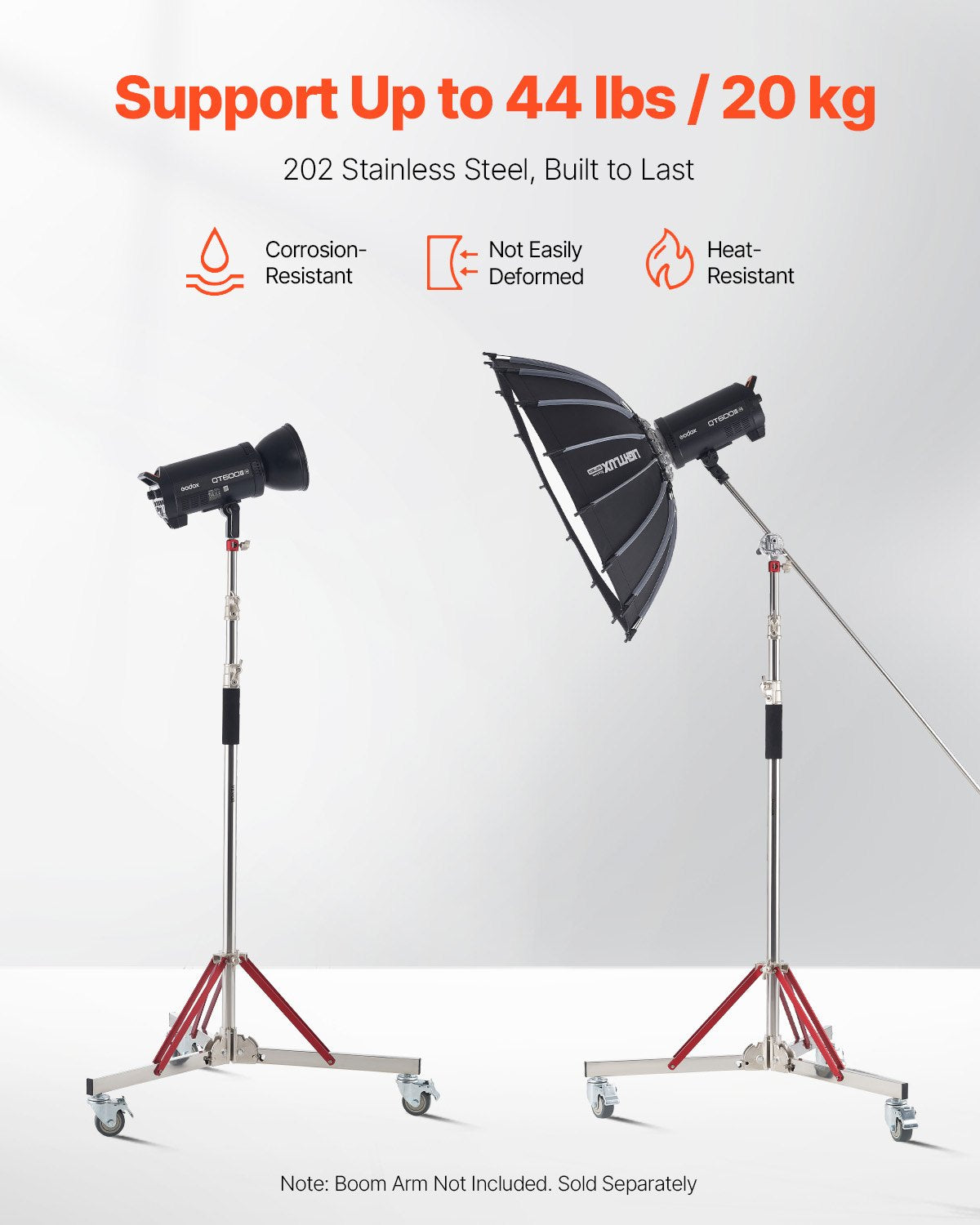 VEVOR Heavy Duty Light Stand with Casters, Max Height 10.5 ft/320 cm, Adjustable Tripod Stand with Stainless Steel, Photography Wheeled Base Stand, for Studio Softbox, Monolight, Reflector Shooting - DLTXJWHJ3M00E0BQ1V0 - view 5