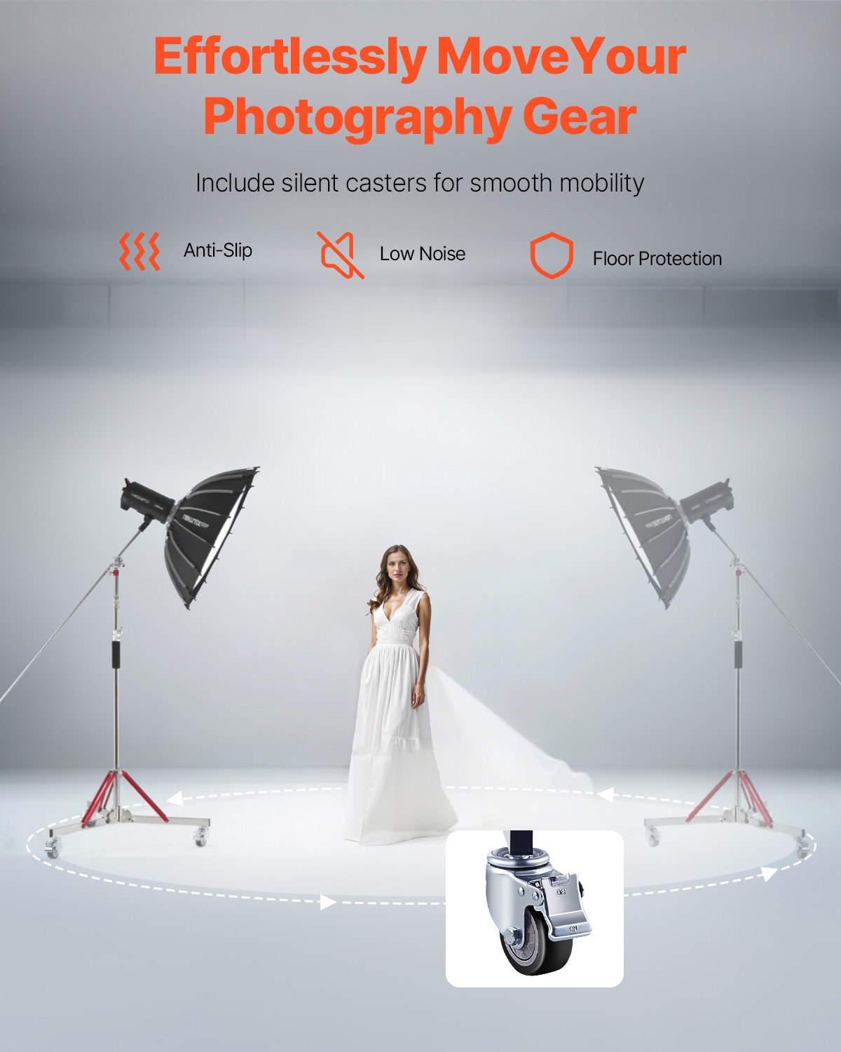 VEVOR Heavy Duty Light Stand with Casters, Max Height 10.5 ft/320 cm, Adjustable Tripod Stand with Stainless Steel, Photography Wheeled Base Stand, for Studio Softbox, Monolight, Reflector Shooting - DLTXJWHJ3M00E0BQ1V0 - view 6