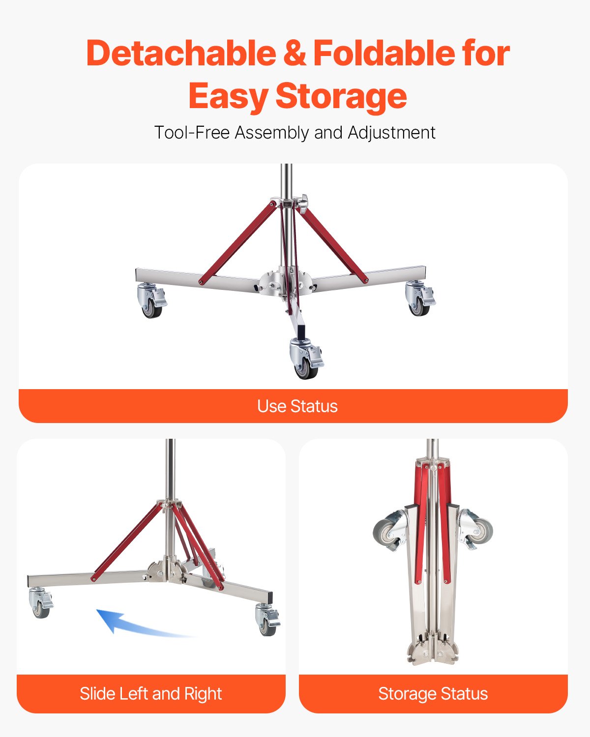 VEVOR Heavy Duty Light Stand with Casters, Max Height 10.5 ft/320 cm, Adjustable Tripod Stand with Stainless Steel, Photography Wheeled Base Stand, for Studio Softbox, Monolight, Reflector Shooting - DLTXJWHJ3M00E0BQ1V0 - view 7