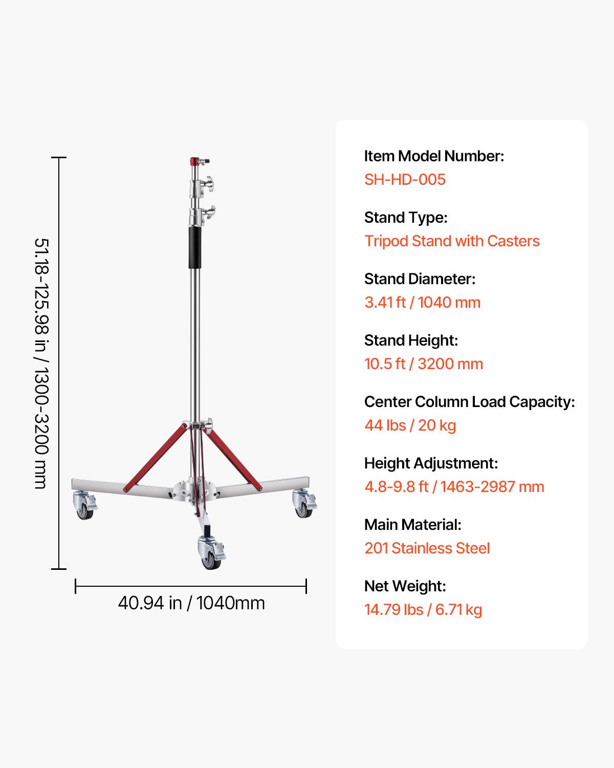 VEVOR Heavy Duty Light Stand with Casters, Max Height 10.5 ft/320 cm, Adjustable Tripod Stand with Stainless Steel, Photography Wheeled Base Stand, for Studio Softbox, Monolight, Reflector Shooting - DLTXJWHJ3M00E0BQ1V0 - view 8