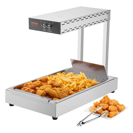 VEVOR French Fry Food Warmer, 750W Commercial Food Heating Lamp, Electric Stainless Steel Warming Light Dump Station, Countertop 104-122°F Fries Food Warmer for Chip Buffet Kitchen Restaurant, Silver - DLWSTBWT20L1SLS00V1 - view 1