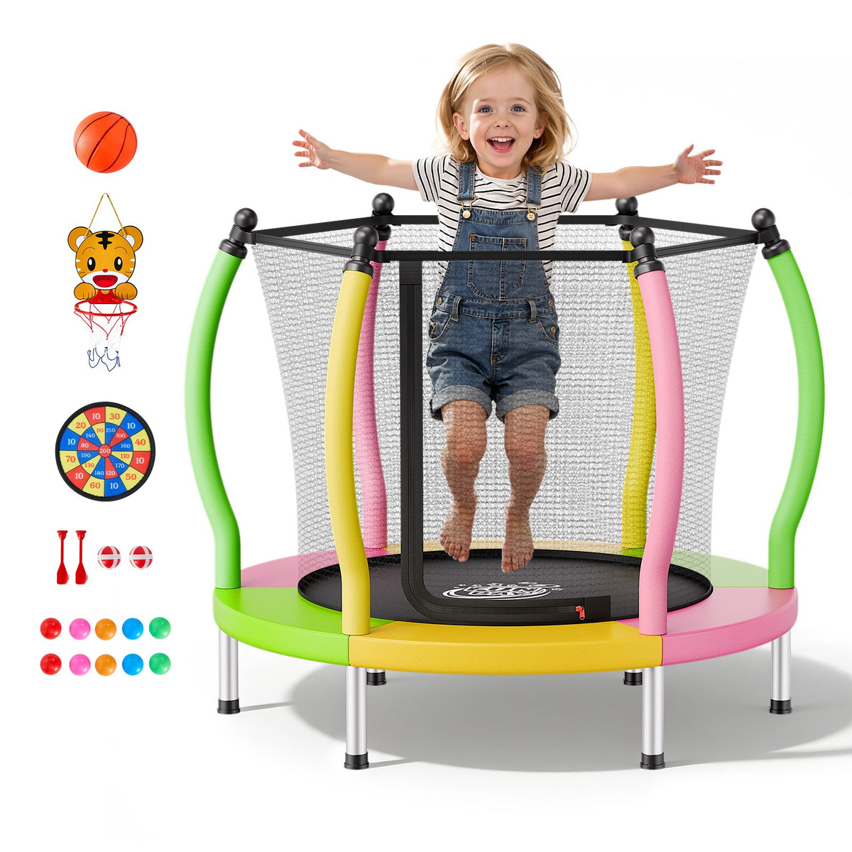 VEVOR Trampoline for Kids, Toddler Mini Trampoline, 132 lbs Capacity Indoor Outdoor Play Toys with Enclosure Net and Basketball Hoop, Easy to Assemble, Christmas Toys Birthday Gifts for Girls Boys - DLXDWBCBDTG026E1U001V0 - view 1