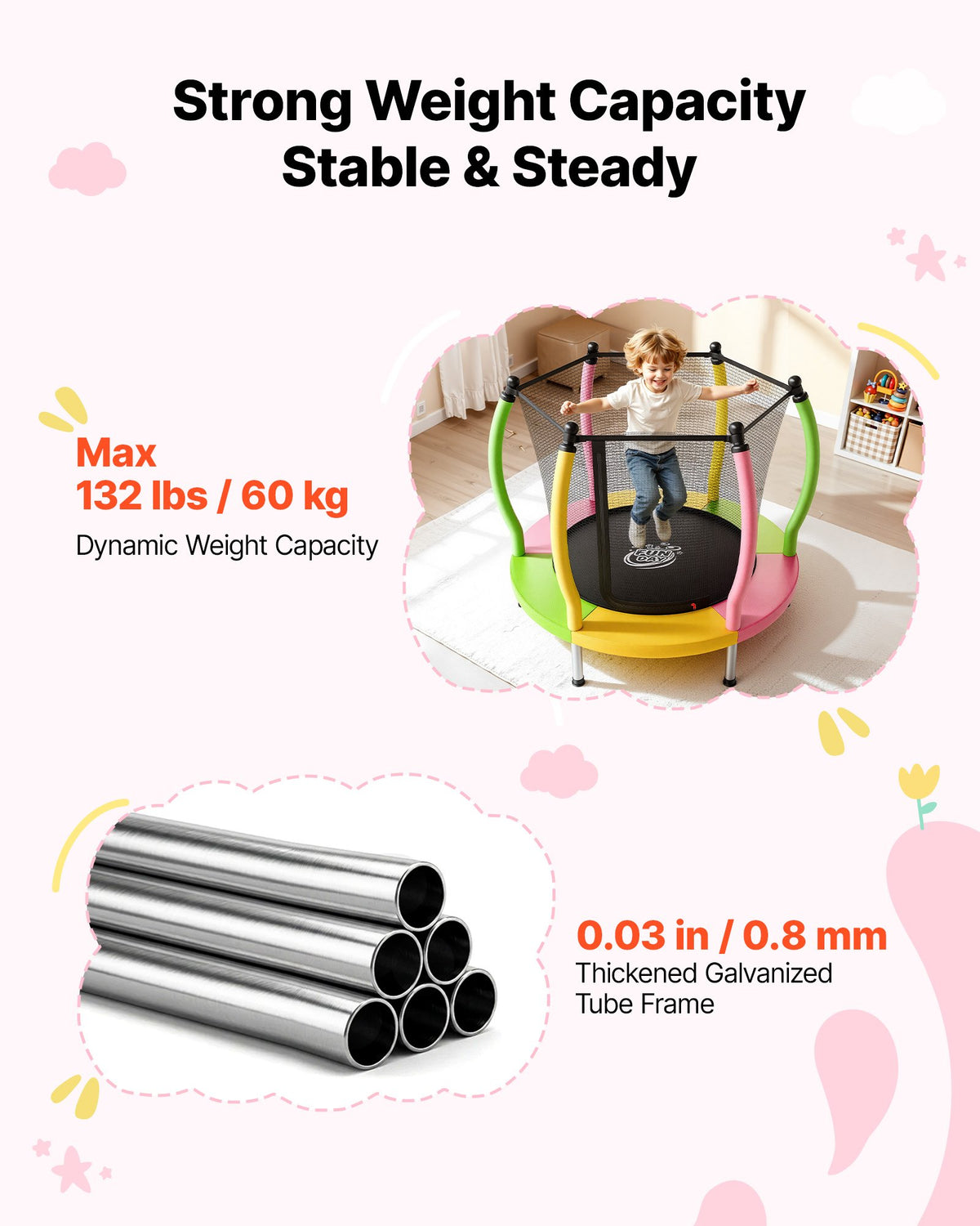 VEVOR Trampoline for Kids, Toddler Mini Trampoline, 132 lbs Capacity Indoor Outdoor Play Toys with Enclosure Net and Basketball Hoop, Easy to Assemble, Christmas Toys Birthday Gifts for Girls Boys - DLXDWBCBDTG026E1U001V0 - view 3