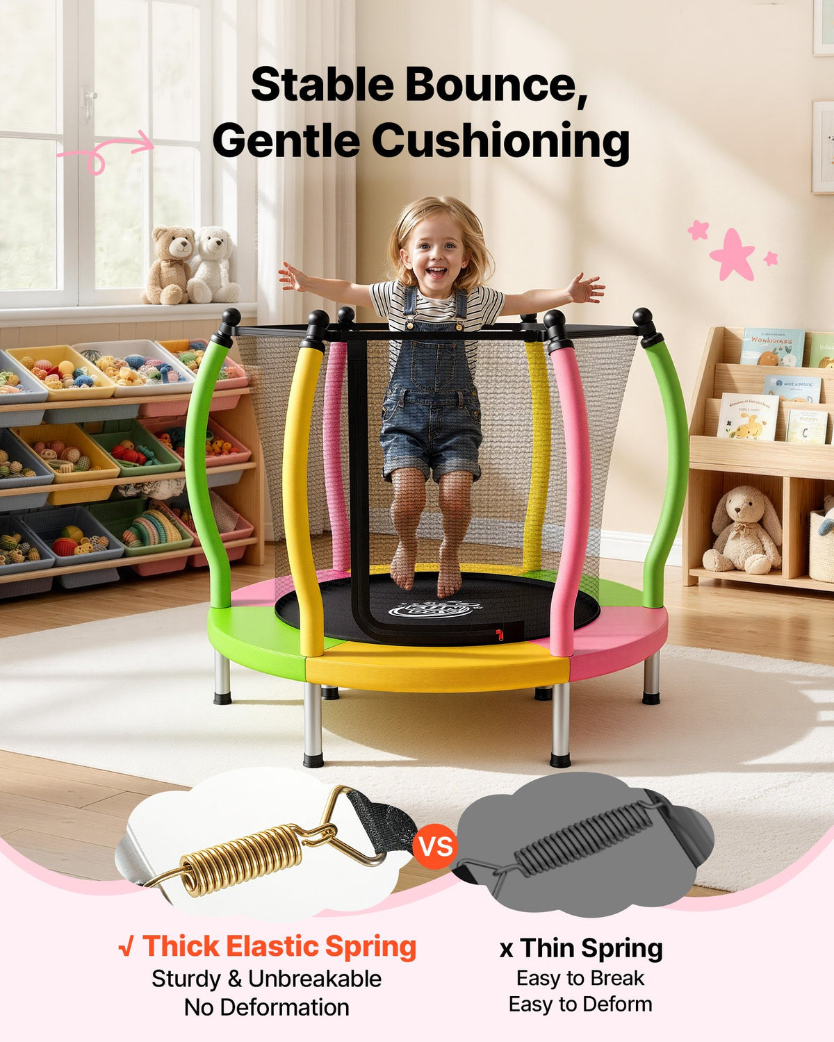 VEVOR Trampoline for Kids, Toddler Mini Trampoline, 132 lbs Capacity Indoor Outdoor Play Toys with Enclosure Net and Basketball Hoop, Easy to Assemble, Christmas Toys Birthday Gifts for Girls Boys - DLXDWBCBDTG026E1U001V0 - view 4