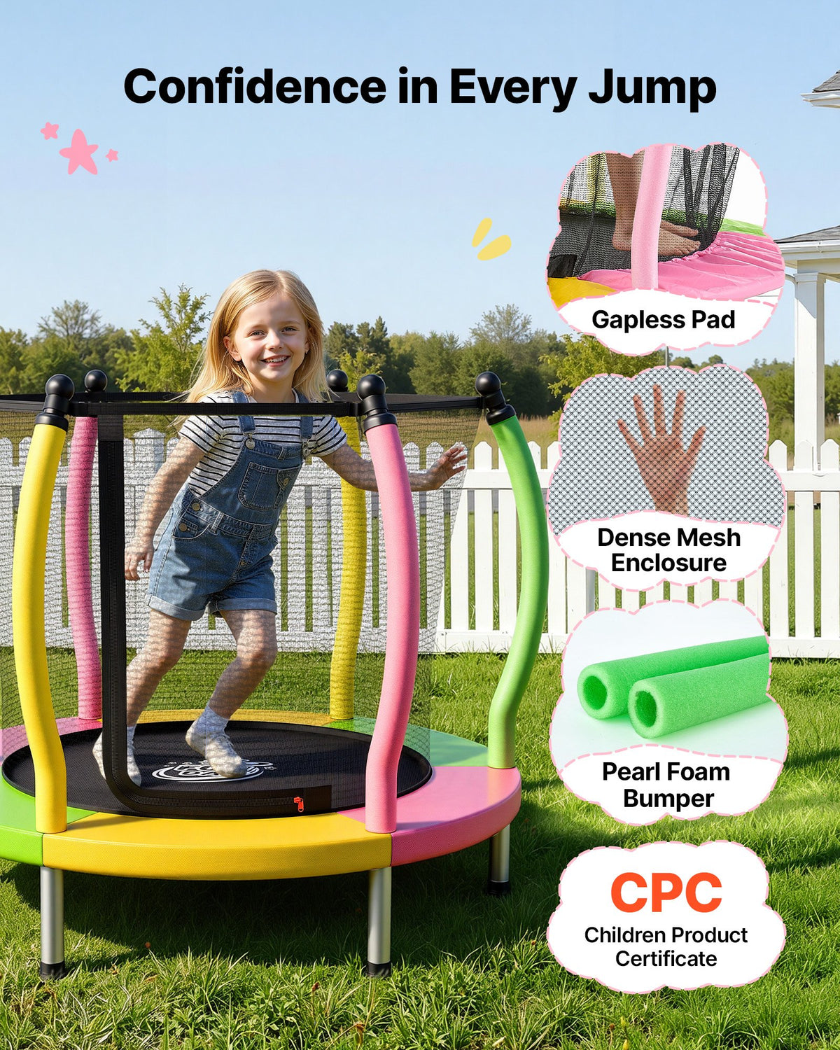 VEVOR Trampoline for Kids, Toddler Mini Trampoline, 132 lbs Capacity Indoor Outdoor Play Toys with Enclosure Net and Basketball Hoop, Easy to Assemble, Christmas Toys Birthday Gifts for Girls Boys - DLXDWBCBDTG026E1U001V0 - view 5