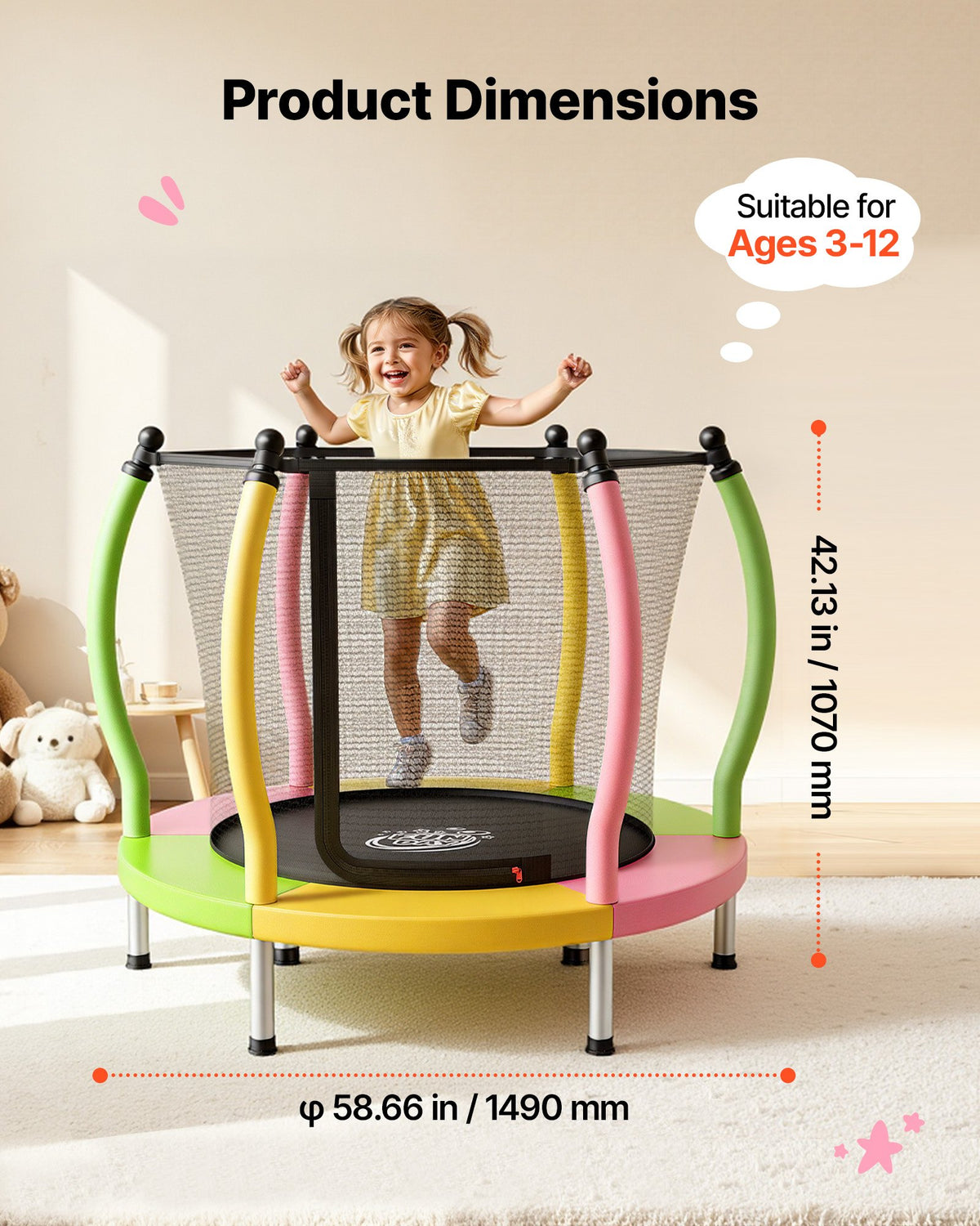 VEVOR Trampoline for Kids, Toddler Mini Trampoline, 132 lbs Capacity Indoor Outdoor Play Toys with Enclosure Net and Basketball Hoop, Easy to Assemble, Christmas Toys Birthday Gifts for Girls Boys - DLXDWBCBDTG026E1U001V0 - view 6