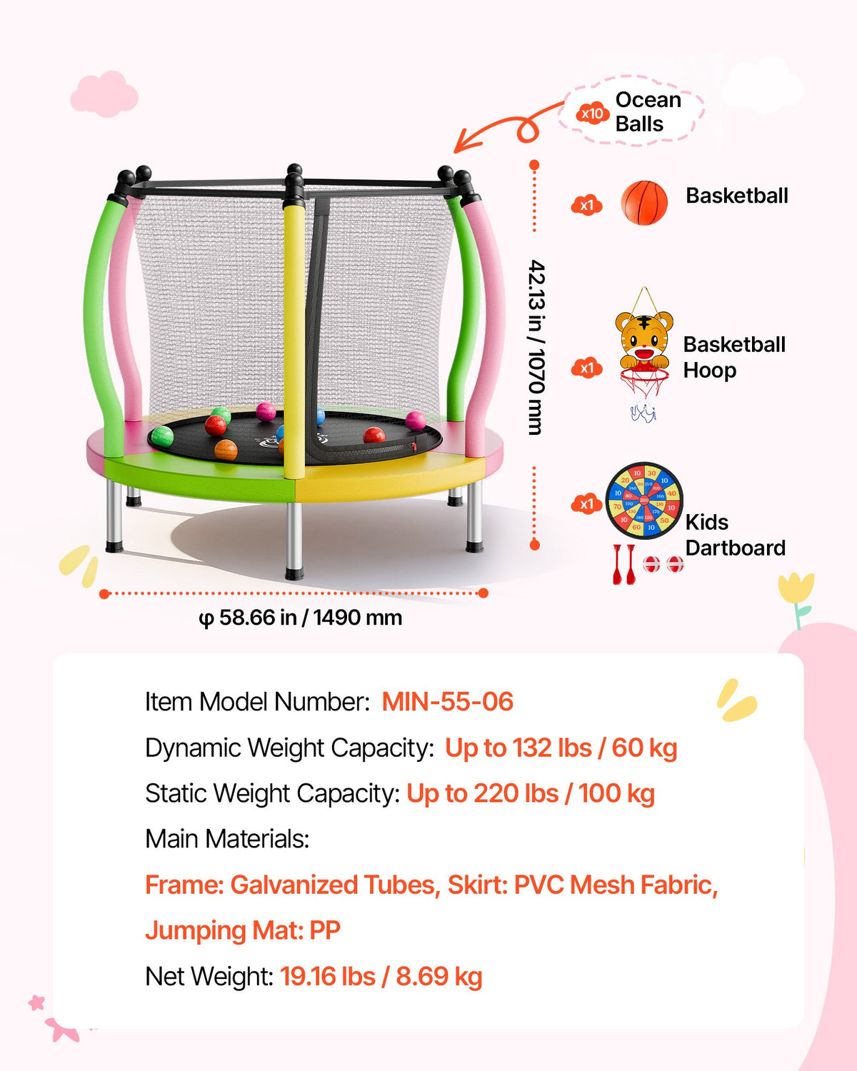 VEVOR Trampoline for Kids, Toddler Mini Trampoline, 132 lbs Capacity Indoor Outdoor Play Toys with Enclosure Net and Basketball Hoop, Easy to Assemble, Christmas Toys Birthday Gifts for Girls Boys - DLXDWBCBDTG026E1U001V0 - view 8