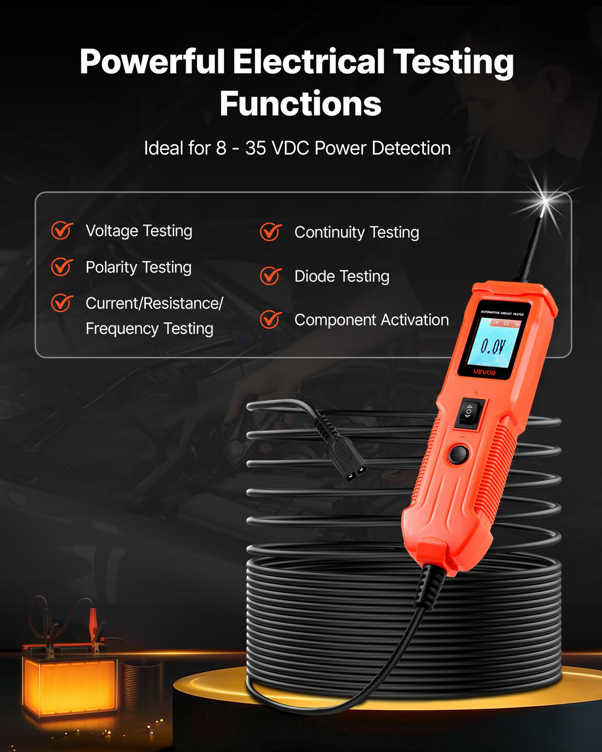VEVOR Automotive Circuit Tester, 8 - 35 DCV Power Circuit Probe Tester with TFT Color Display and Lighting, Automotive Power Tester Probe with 13 ft / 4 m Cable, ABS Shell Electrical Detector Finder - DLXQCDLCSYKCO4QL7001V9 - view 3