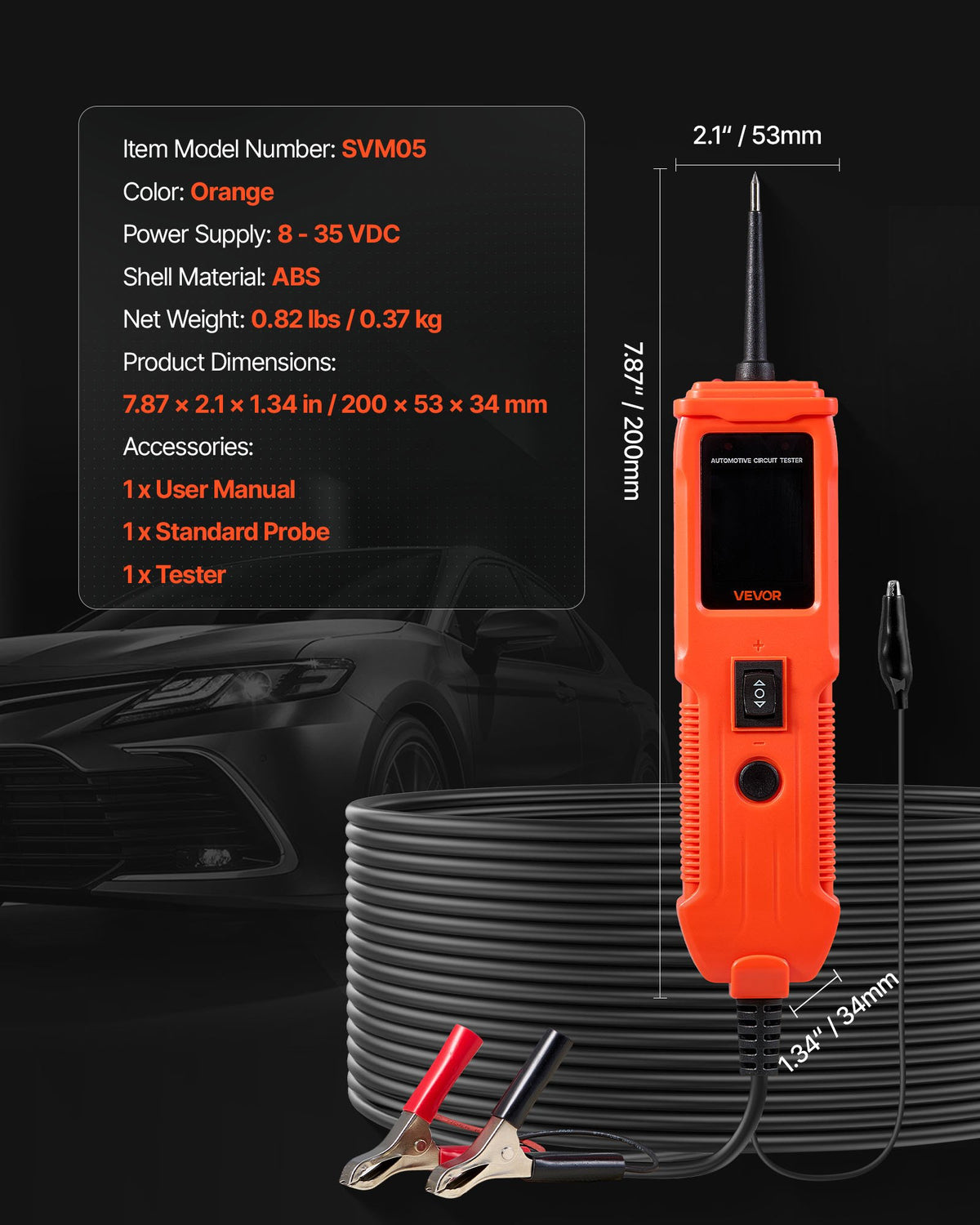 VEVOR Automotive Circuit Tester, 8 - 35 DCV Power Circuit Probe Tester with TFT Color Display and Lighting, Automotive Power Tester Probe with 13 ft / 4 m Cable, ABS Shell Electrical Detector Finder - DLXQCDLCSYKCO4QL7001V9 - view 8