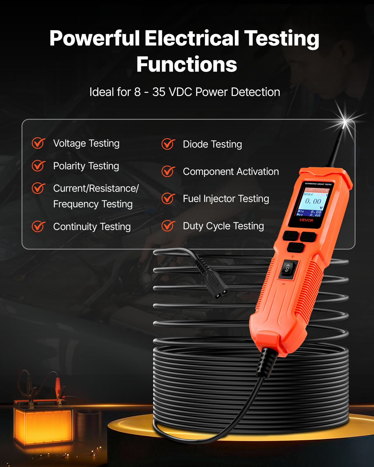 VEVOR Automotive Circuit Tester, 8 - 35 DCV Power Circuit Probe Tester with TFT Color Display and Lighting, Automotive Power Tester Probe with 19.7 ft / 6 m Cable, 2-in-1 Electrical Detector Finder - DLXQCDLCSYKCU5I6M001V9 - view 3