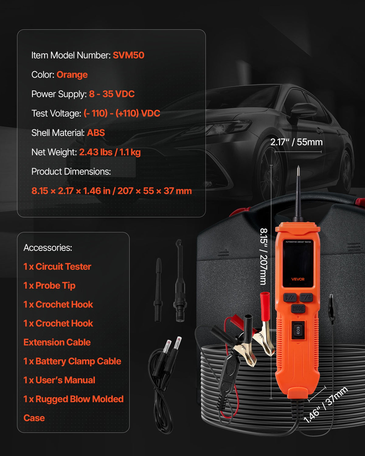 VEVOR Automotive Circuit Tester, 8 - 35 DCV Power Circuit Probe Tester with TFT Color Display and Lighting, Automotive Power Tester Probe with 19.7 ft / 6 m Cable, 2-in-1 Electrical Detector Finder - DLXQCDLCSYKCU5I6M001V9 - view 8