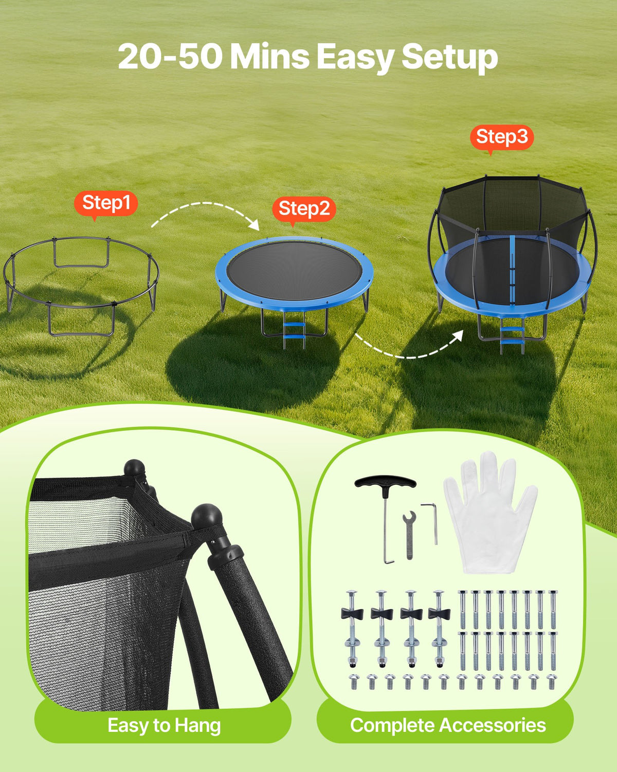 VEVOR Outdoor Trampoline, 12FT Recreational Trampoline, ASTM Approved Trampolines with Enclosure Net & Thickened Pad, Max 400 lbs Weight Capacity, Anti-Rust Backyard Trampolines for Kids & Adults - DLXYXBC12YCWTUJ15001V0 - view 7
