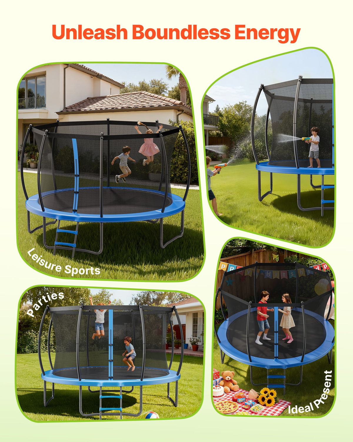 VEVOR Outdoor Trampoline, 12FT Recreational Trampoline, ASTM Approved Trampolines with Enclosure Net & Thickened Pad, Max 400 lbs Weight Capacity, Anti-Rust Backyard Trampolines for Kids & Adults - DLXYXBC12YCWTUJ15001V0 - view 8