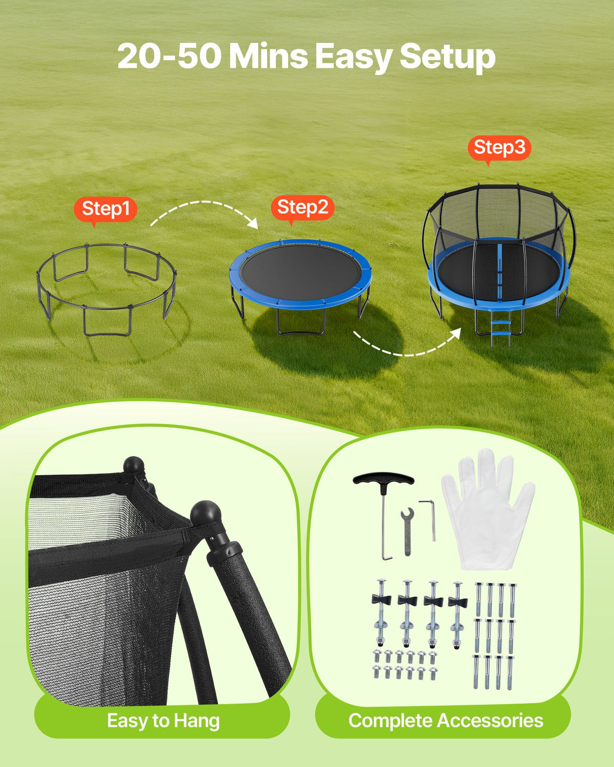 VEVOR Outdoor Trampoline, 16FT Recreational Trampoline, ASTM Approved Trampolines with Enclosure Net & Thickened Pad, Max 475 lbs Weight Capacity, Anti-Rust Backyard Trampolines for Kids & Adults - DLXYXBCWG16YBOKFQ001V0 - view 7